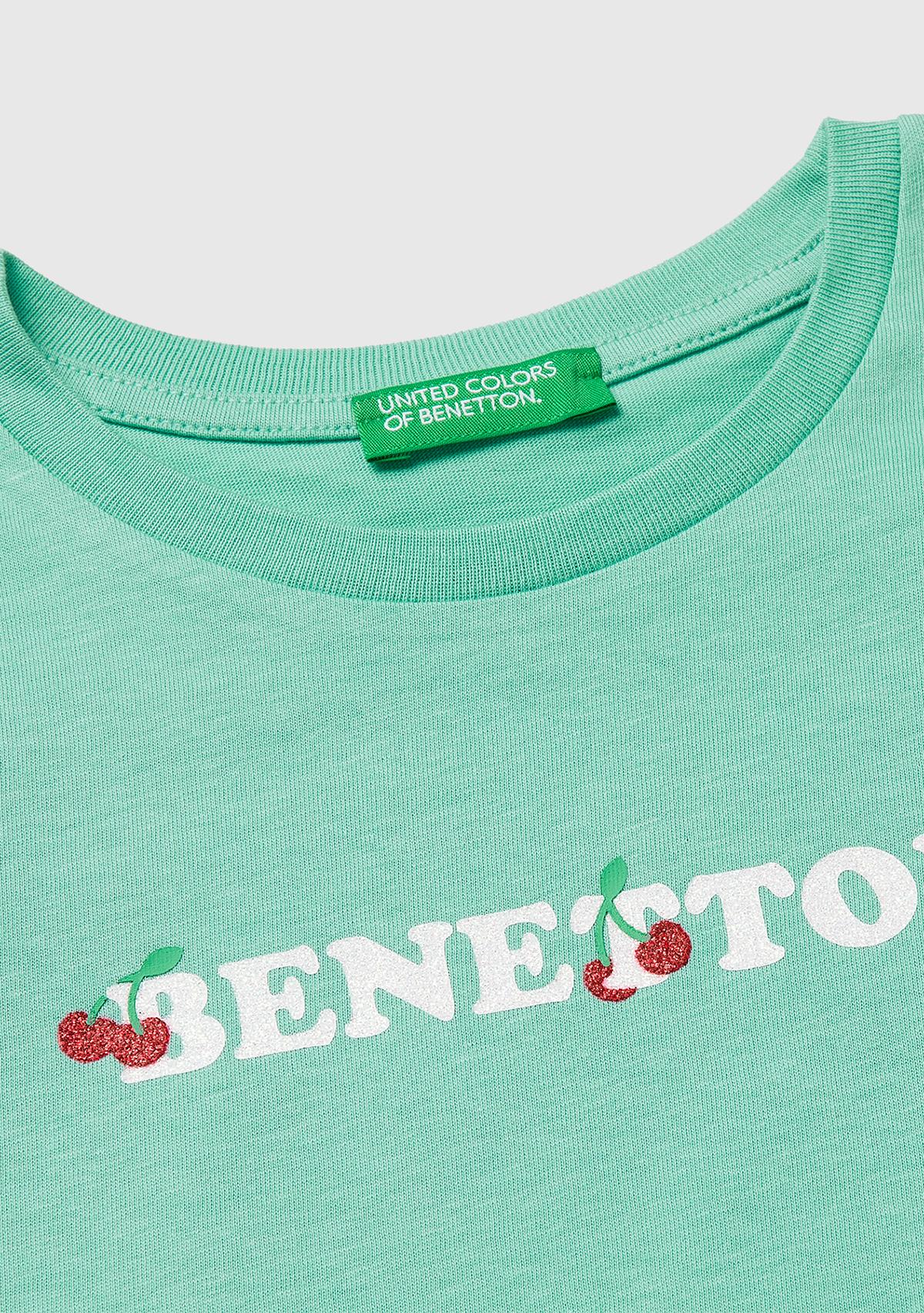 Kız Çocuk Mint Simli Grafik Baskılı Kısa Kollu Ribanalı Yaka T-Shirt