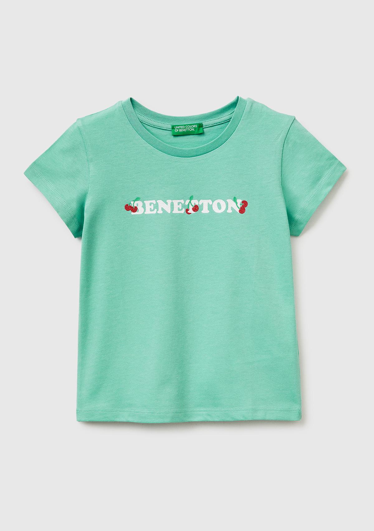 Kız Çocuk Mint Simli Grafik Baskılı Kısa Kollu Ribanalı Yaka T-Shirt