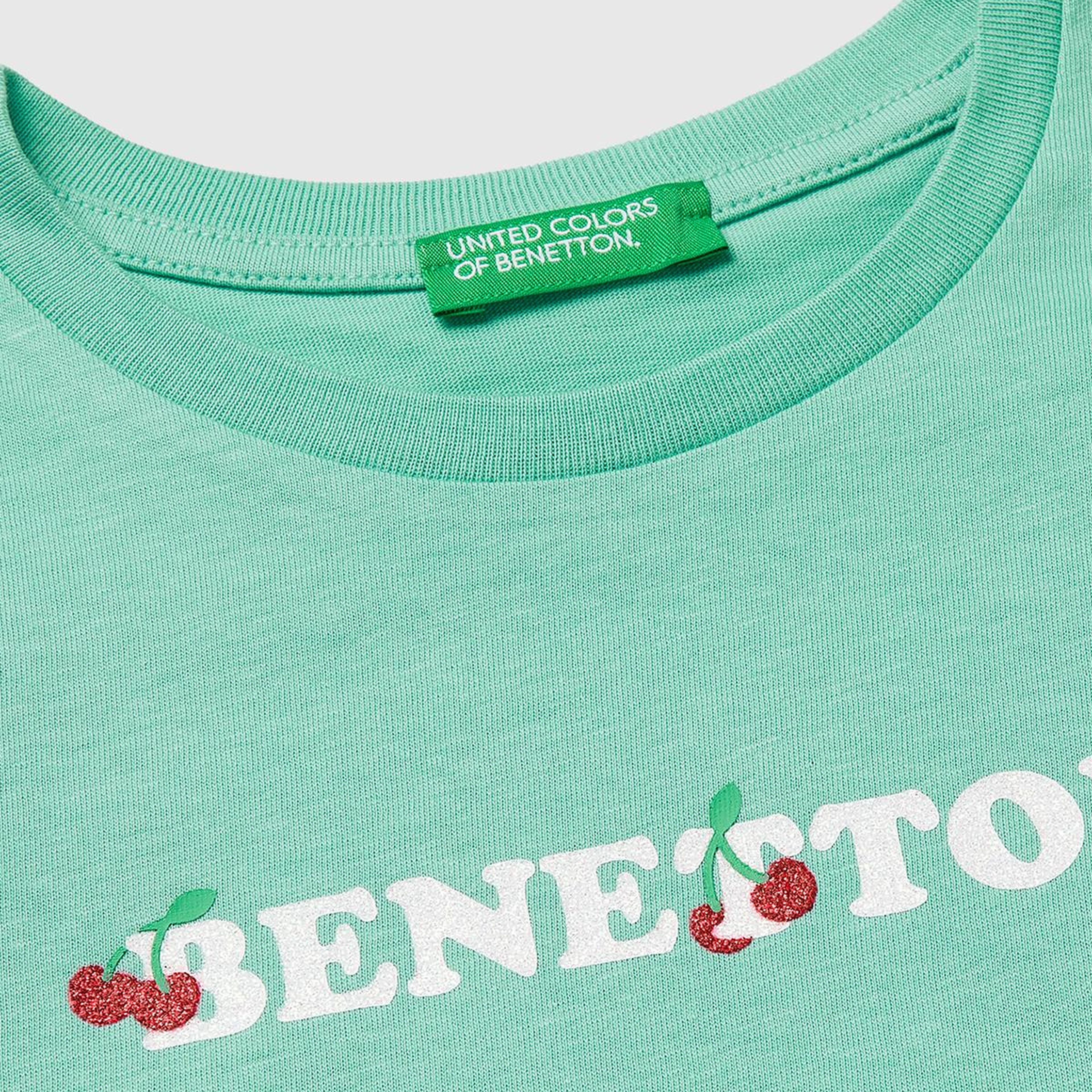 Kız Çocuk Mint Simli Grafik Baskılı Kısa Kollu Ribanalı Yaka T-Shirt