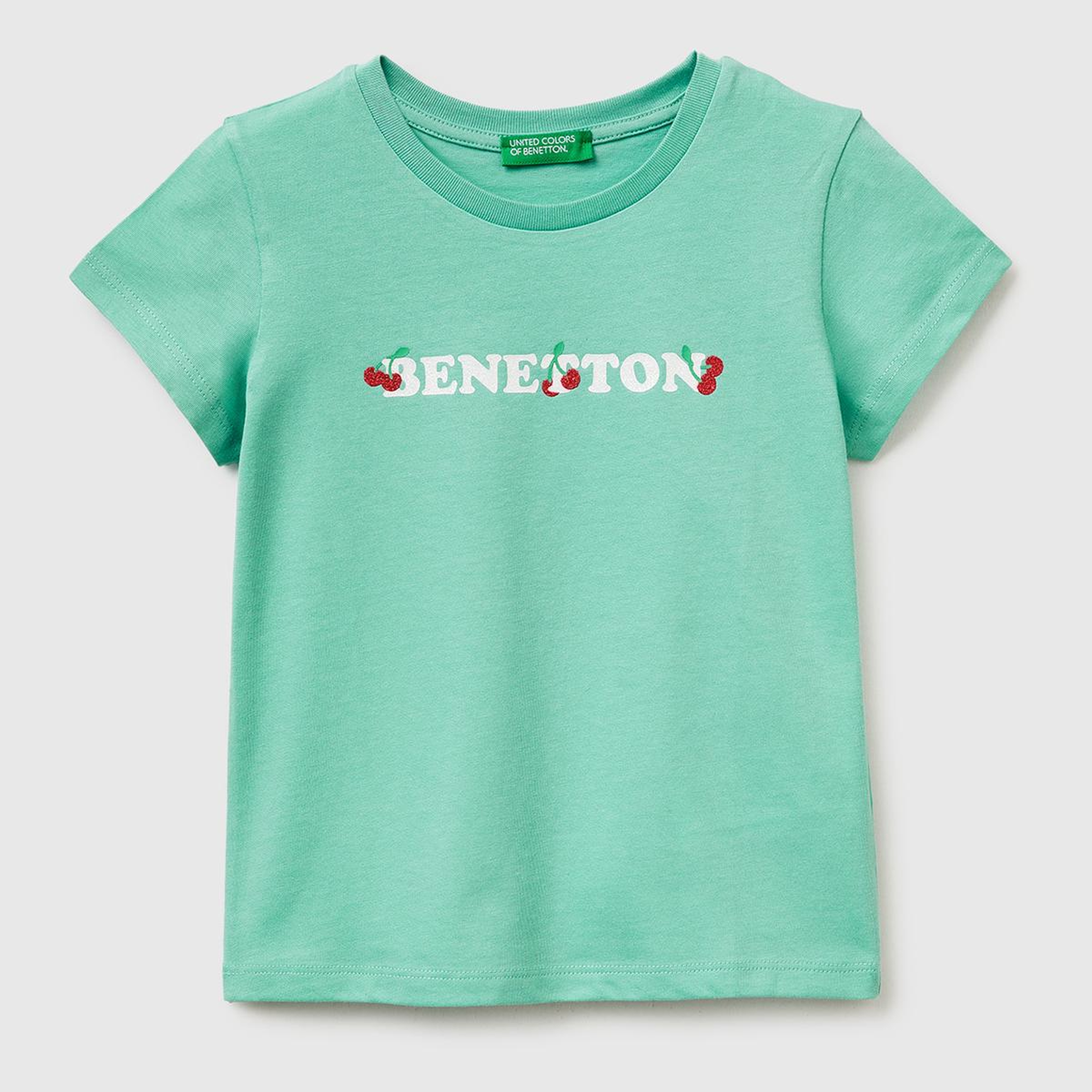 Kız Çocuk Mint Simli Grafik Baskılı Kısa Kollu Ribanalı Yaka T-Shirt