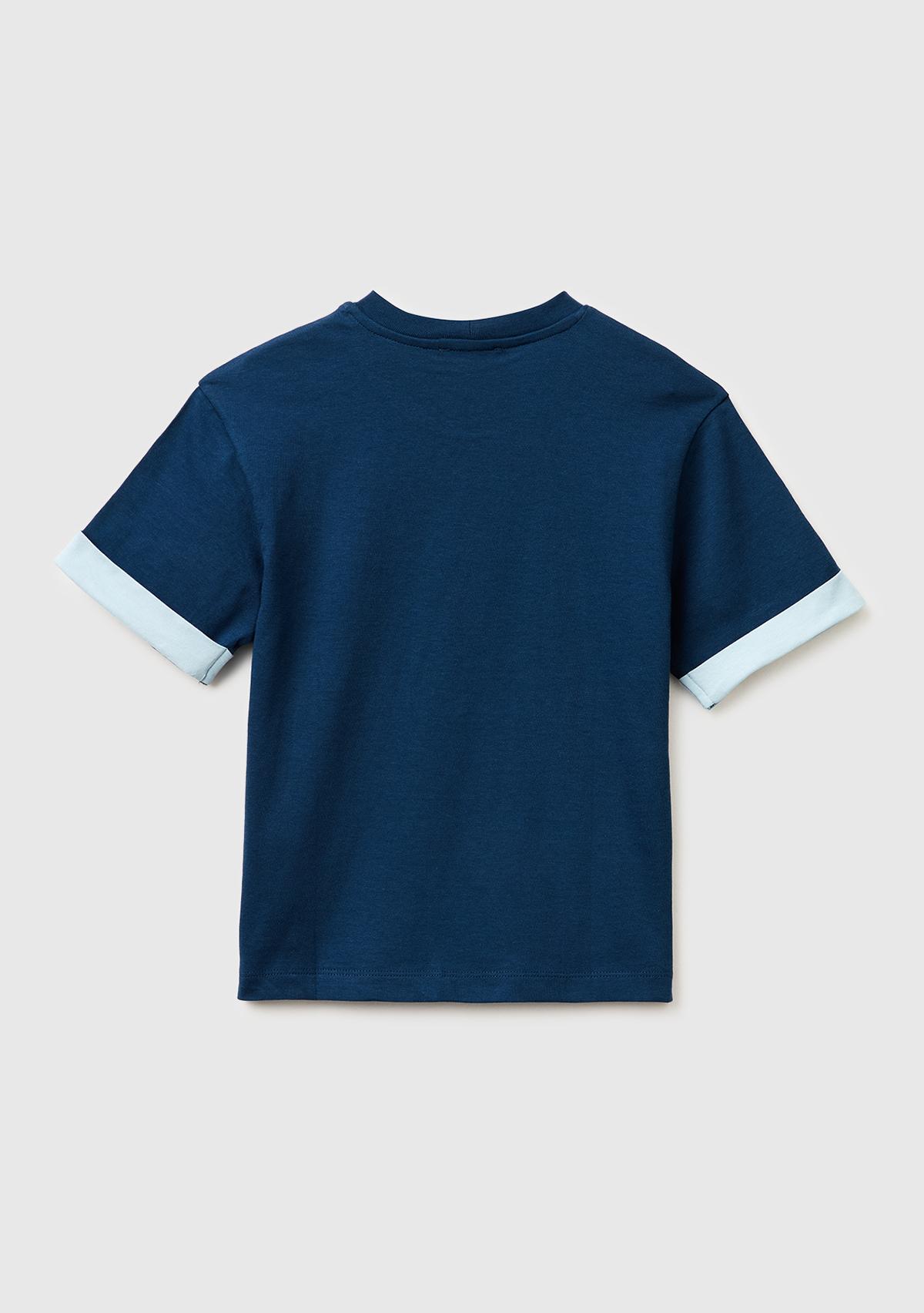 Erkek Çocuk Koyu Lacivert Etek Ucu Etiketli Baskılı Bisiklet Yaka T-Shirt