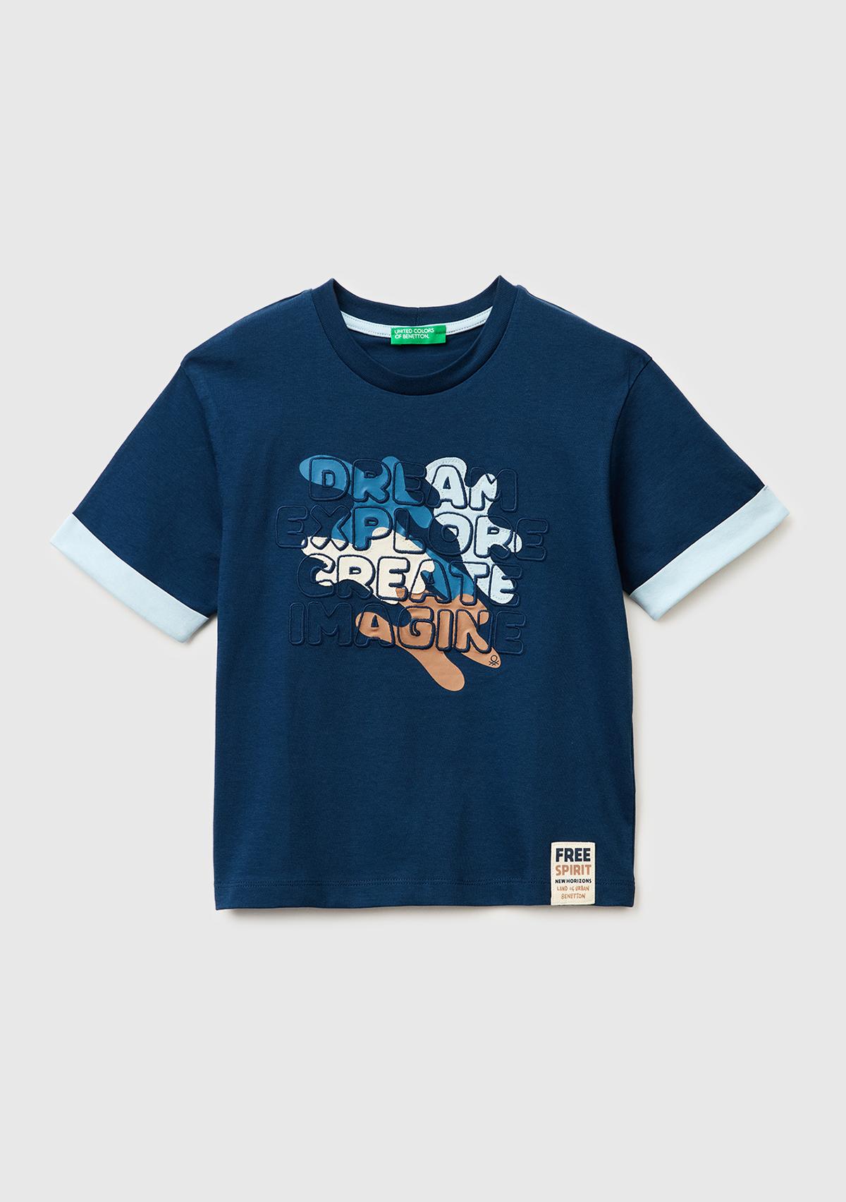 Erkek Çocuk Koyu Lacivert Etek Ucu Etiketli Baskılı Bisiklet Yaka T-Shirt