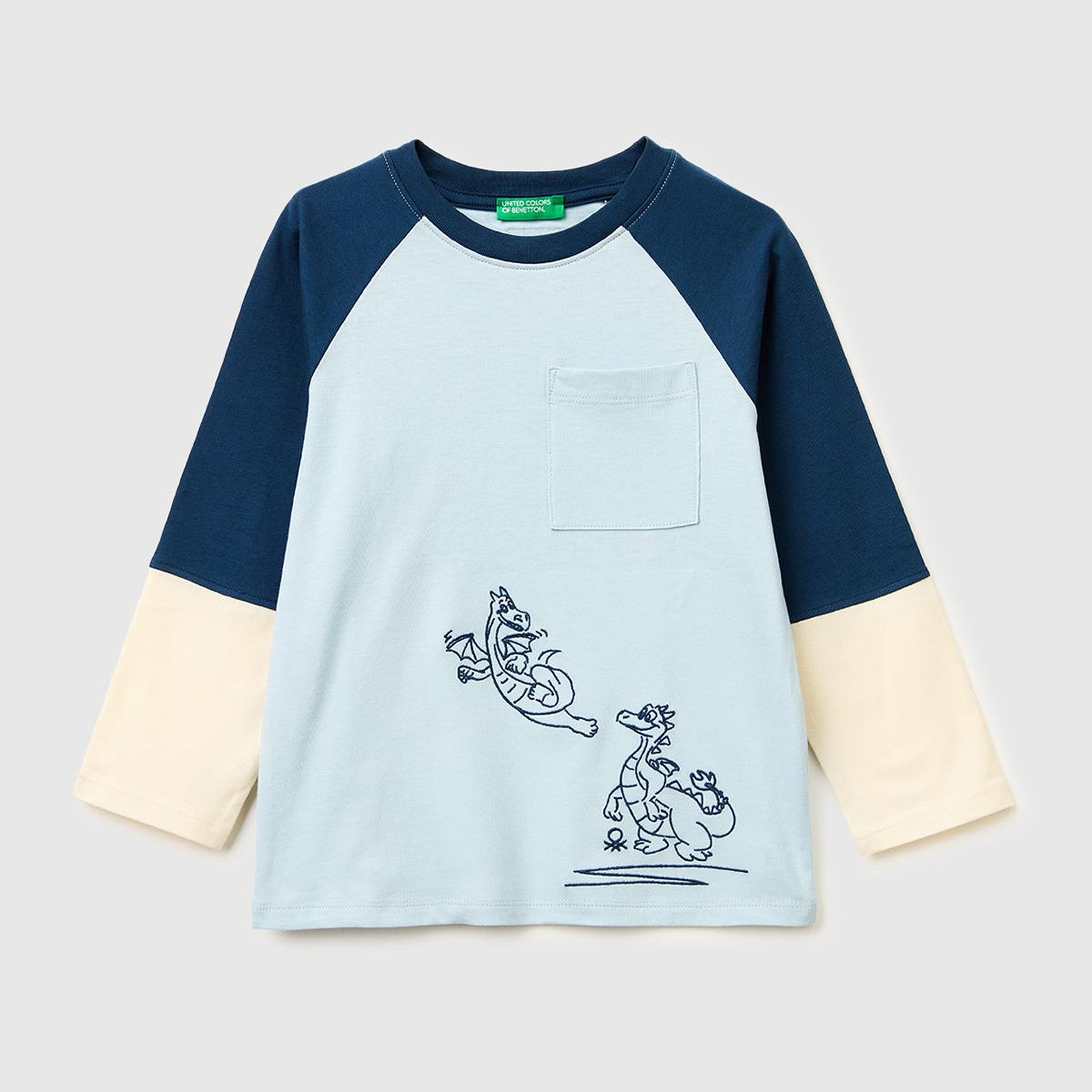 Erkek Çocuk Buz Mavisi Renk Bloklu Logo Etiketli Kontrast Yaka Uzun Kollu T-Shirt