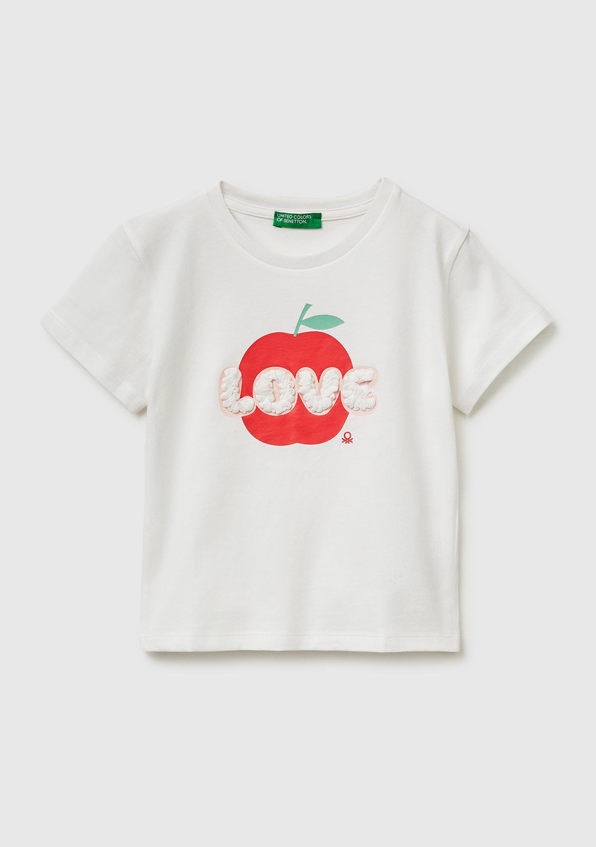 Kız Çocuk Beyaz Su Bazlı Baskılı İşlemeli Bisiklet Yaka T-Shirt