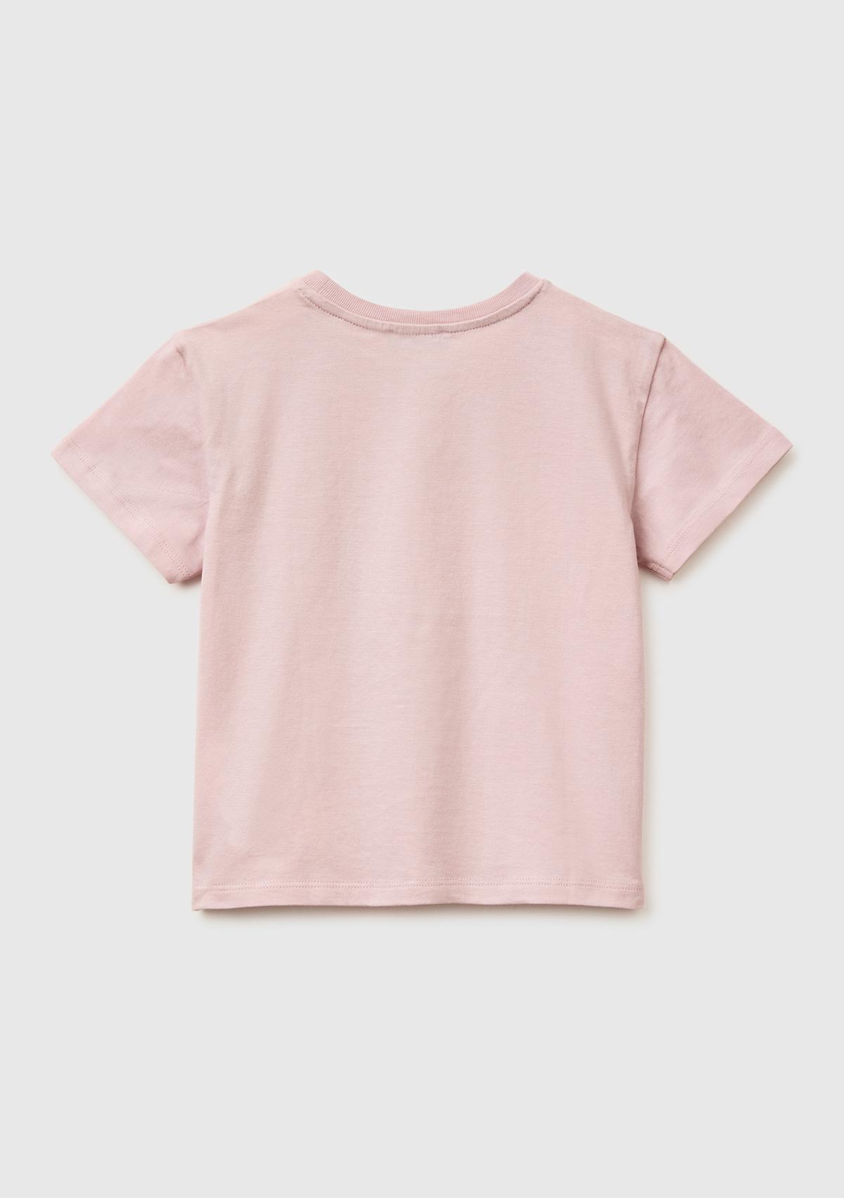 Kız Çocuk Gül Kurusu Su Bazlı Baskılı İşlemeli Bisiklet Yaka T-Shirt