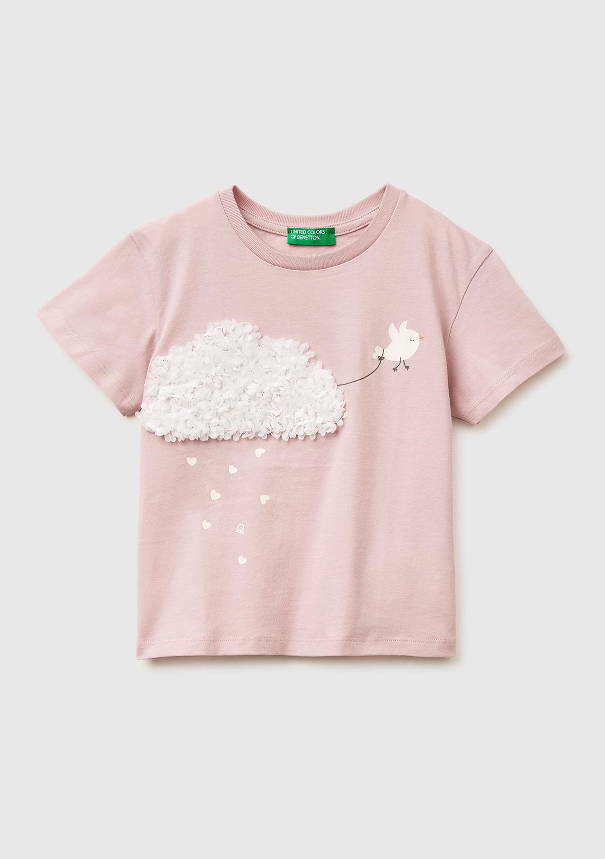 Kız Çocuk Gül Kurusu Su Bazlı Baskılı İşlemeli Bisiklet Yaka T-Shirt