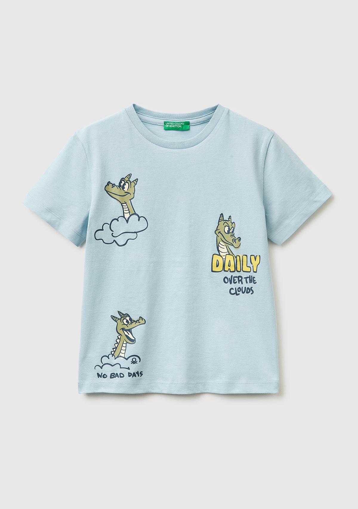 Erkek Çocuk Buz Mavisi Çok Renkli Baskılı Bisiklet Yaka T-Shirt