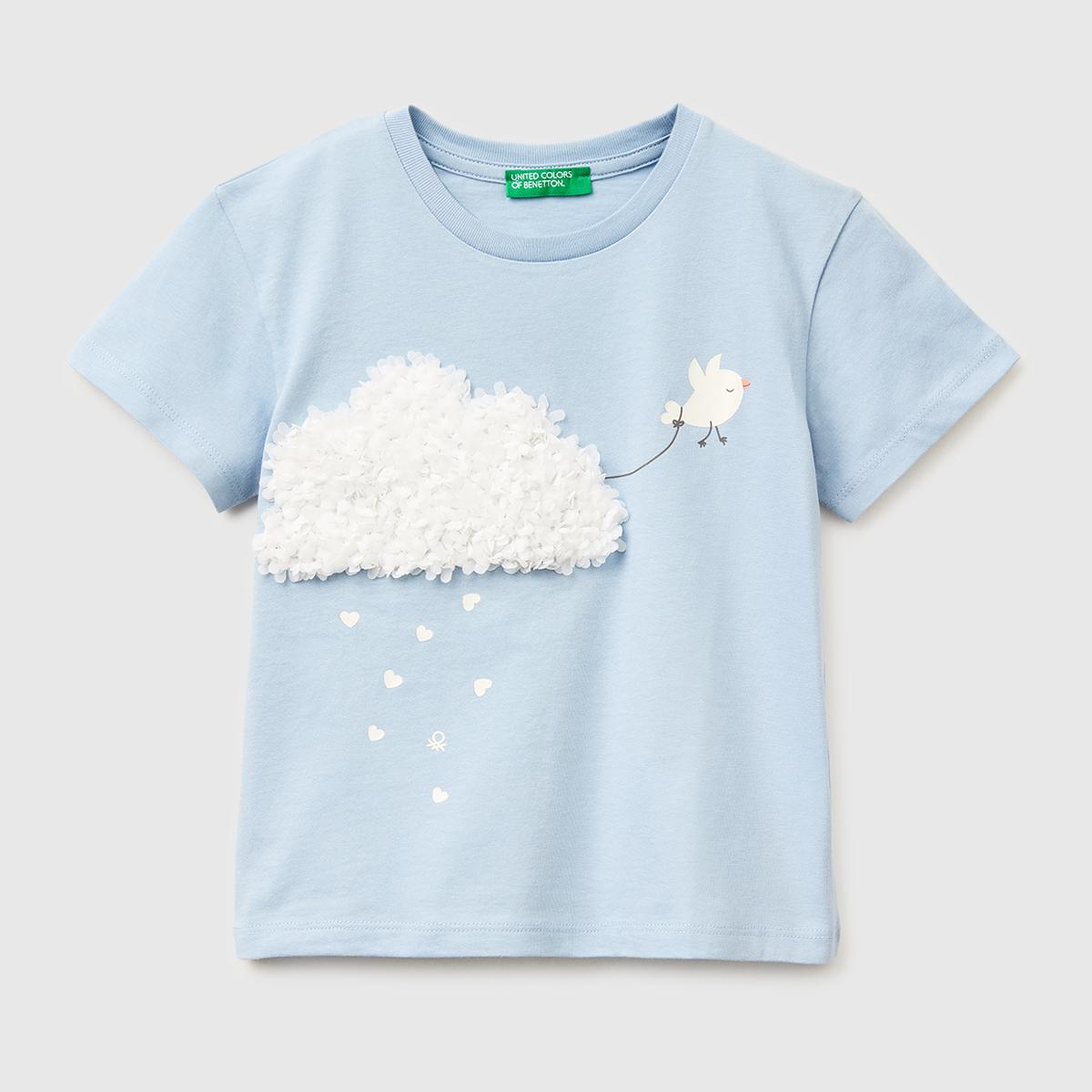 Kız Çocuk Buz Mavisi Su Bazlı Baskılı İşlemeli Bisiklet Yaka T-Shirt