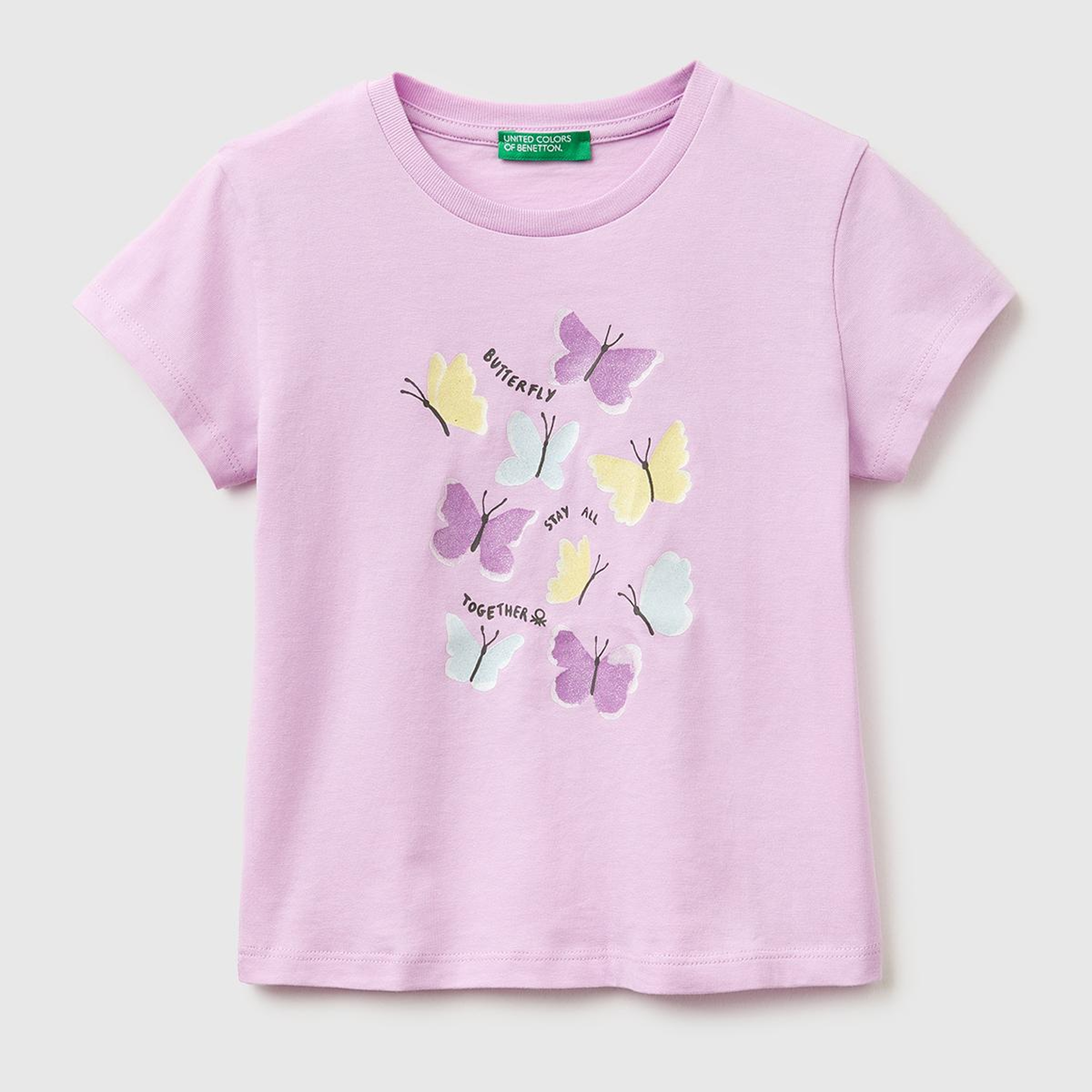 Kız Çocuk Pembe Simli Su Bazlı Baskılı Bisiklet Yaka T-Shirt