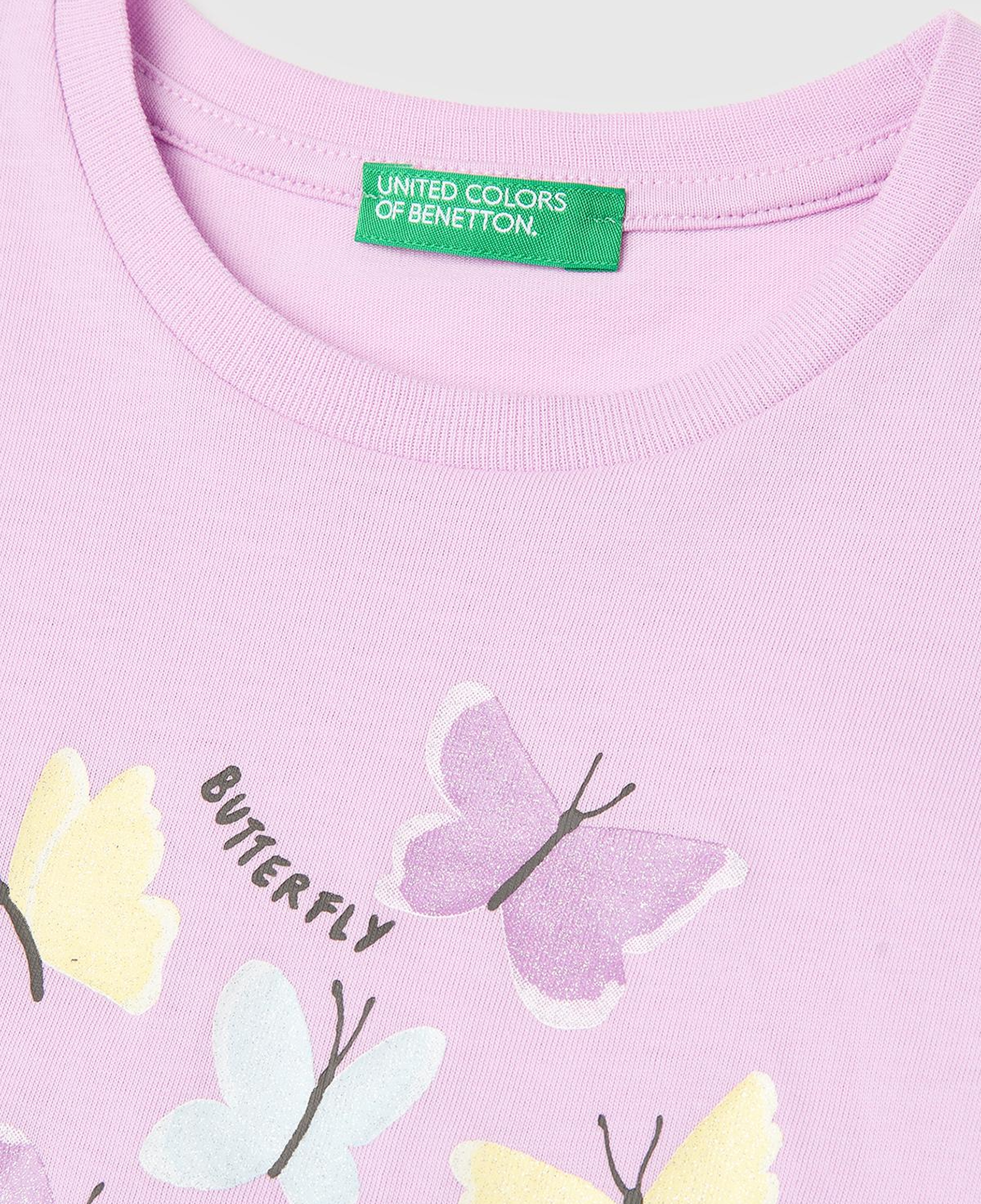 Kız Çocuk Pembe Simli Su Bazlı Baskılı Bisiklet Yaka T-Shirt