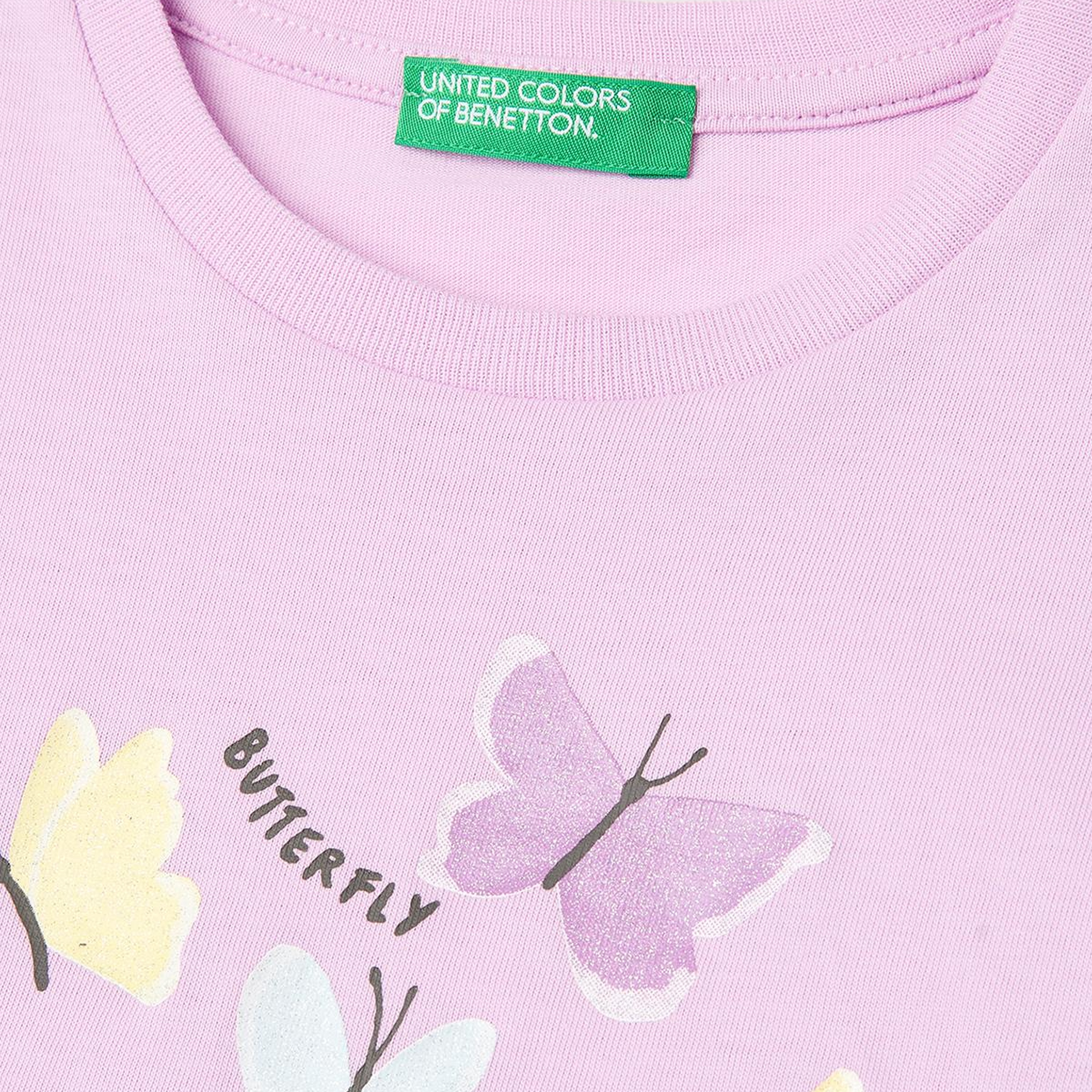Kız Çocuk Pembe Simli Su Bazlı Baskılı Bisiklet Yaka T-Shirt