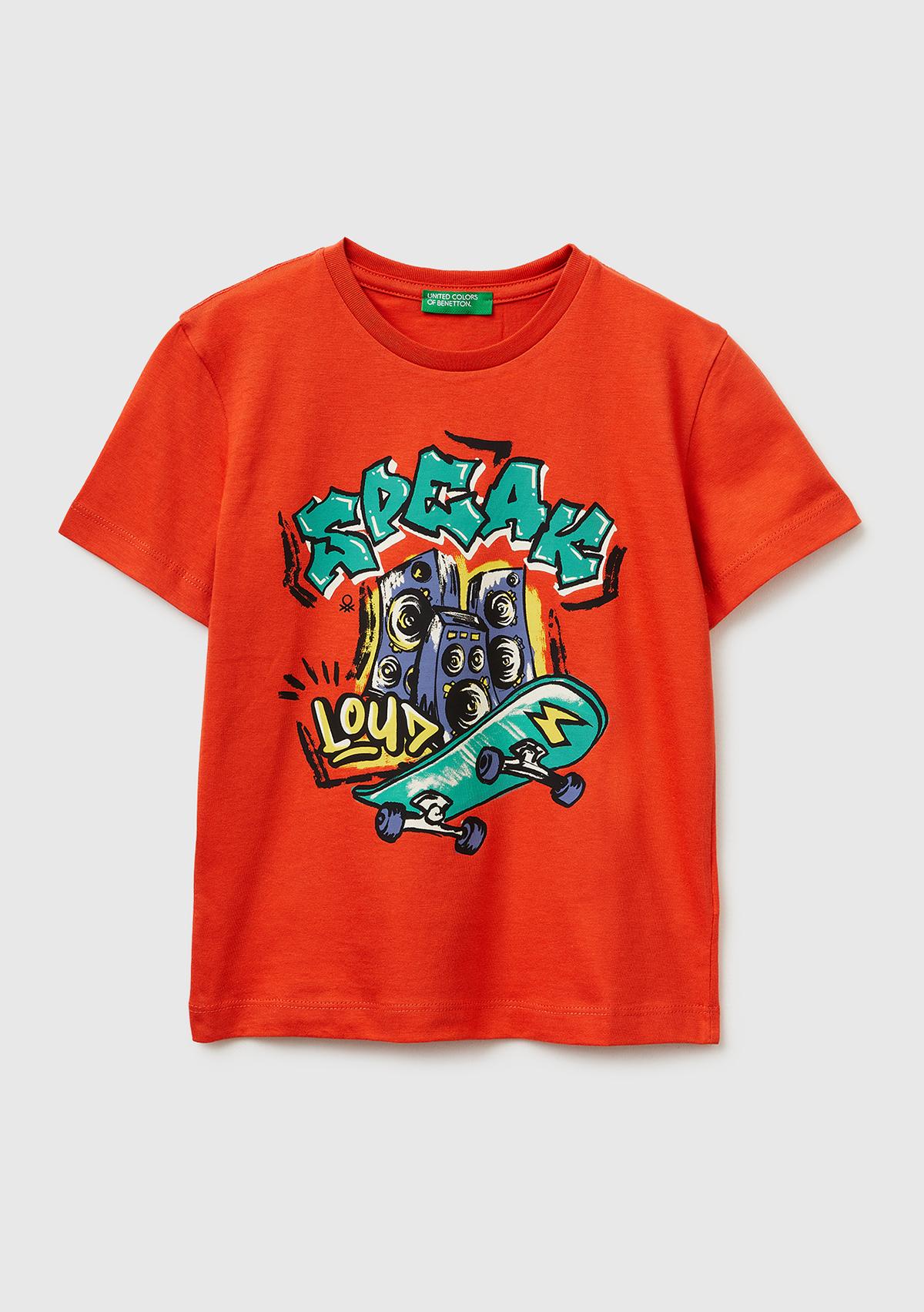 Erkek Çocuk Kırmızı Çok Renkli Baskılı Bisiklet Yaka T-Shirt