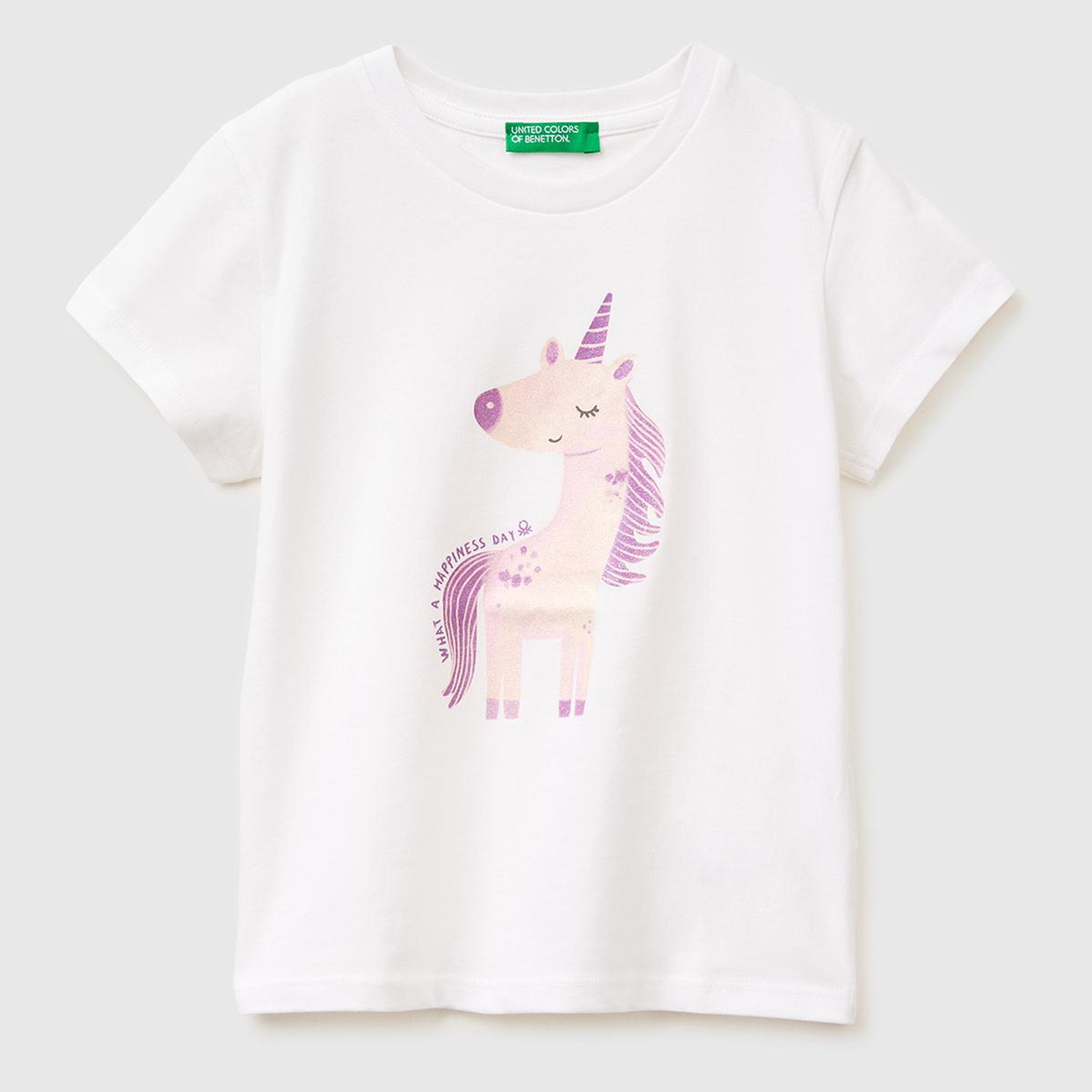 Kız Çocuk Beyaz Simli Su Bazlı Baskılı Bisiklet Yaka T-Shirt