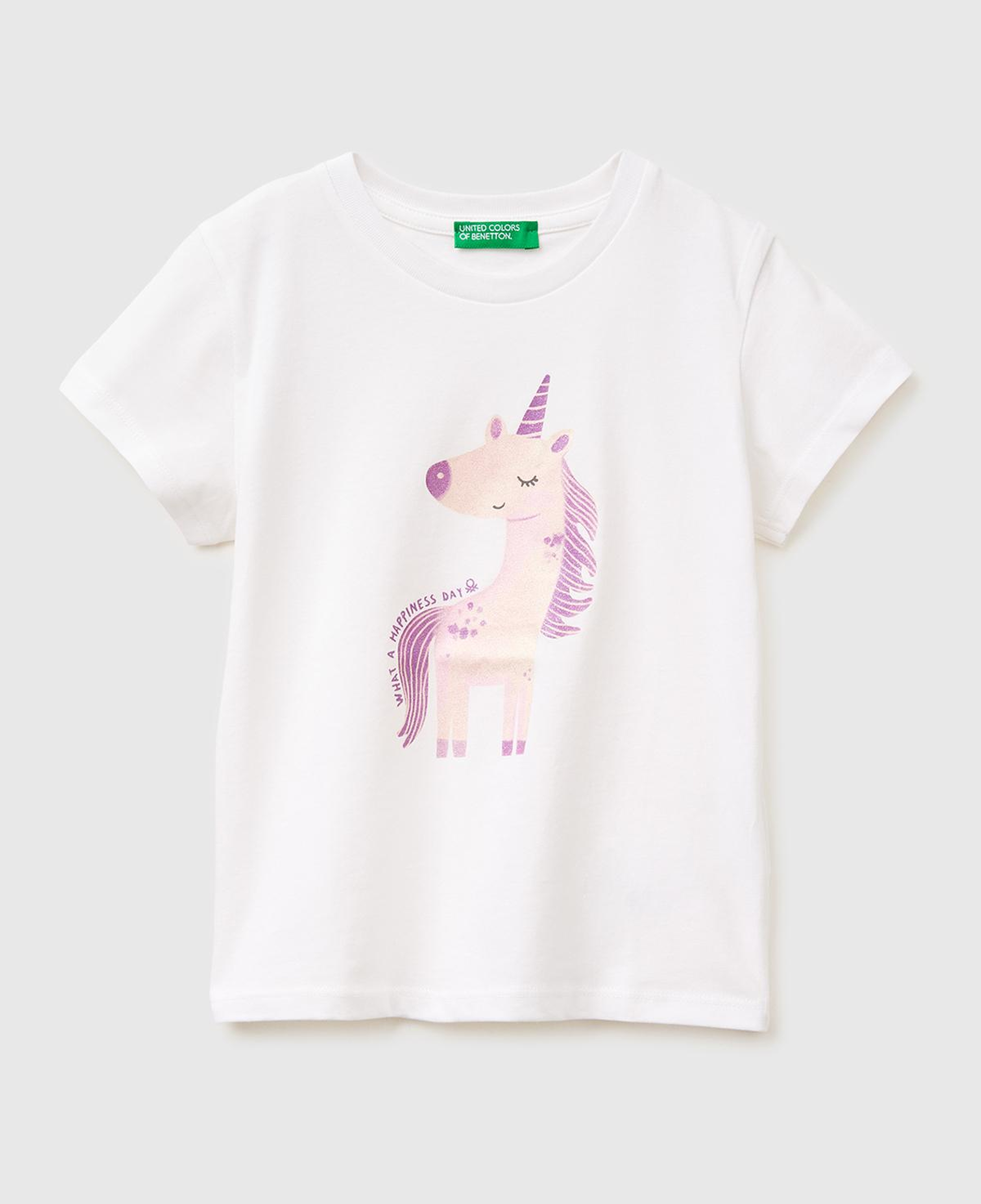 Kız Çocuk Beyaz Simli Su Bazlı Baskılı Bisiklet Yaka T-Shirt