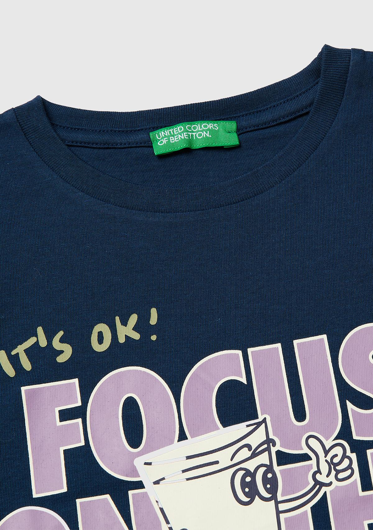 Erkek Çocuk Koyu Lacivert Çok Renkli Baskılı Bisiklet Yaka T-Shirt