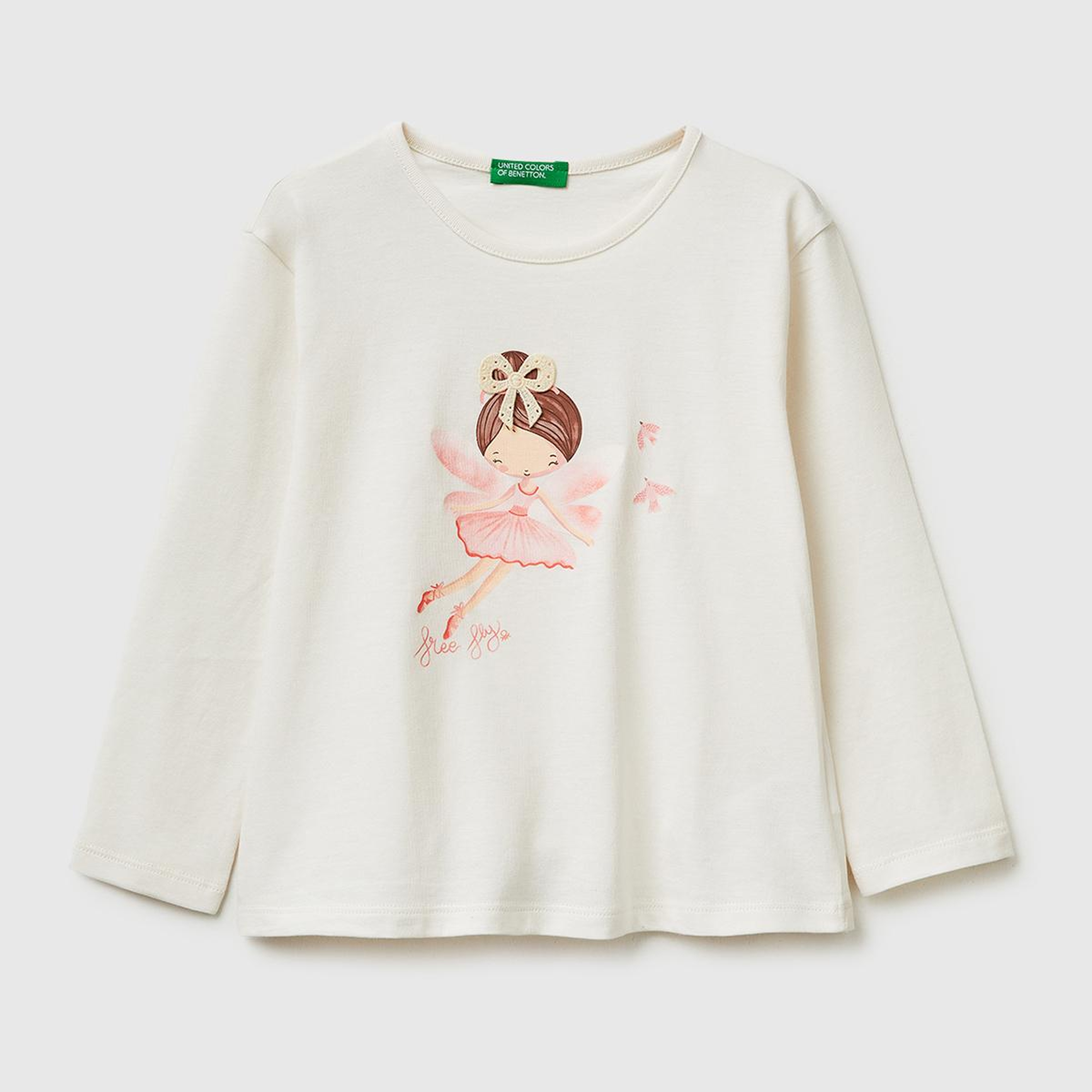Kız Çocuk Ekru Baskılı Uzun Kollu Bisiklet Yaka T-Shirt