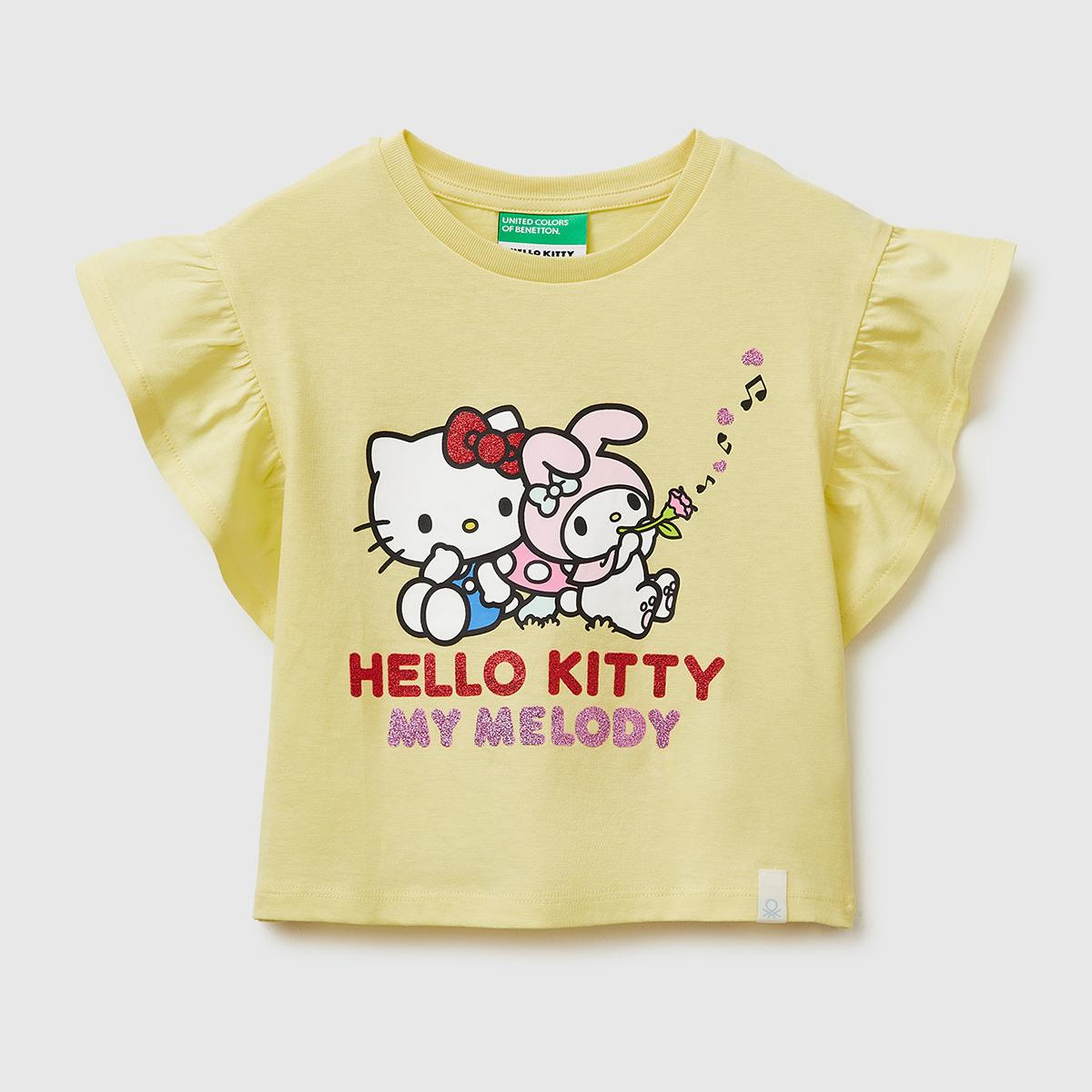 Kız Çocuk Sarı Simli Grafik Baskılı Etek Ucu Logo Etiketli Bisiklet Yaka T-Shirt