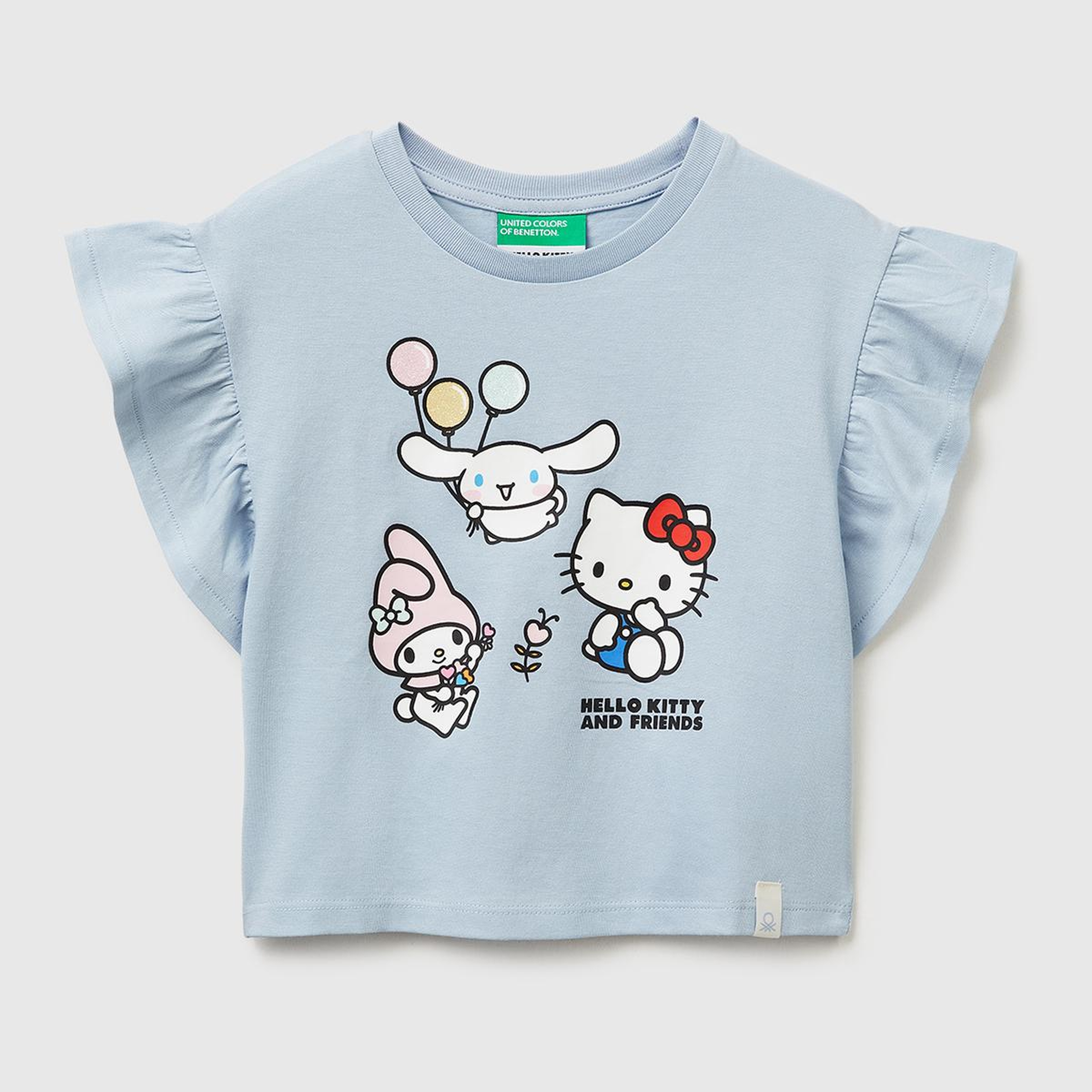 Kız Çocuk Buz Mavisi Simli Grafik Baskılı Etek Ucu Logo Etiketli Bisiklet Yaka T-Shirt