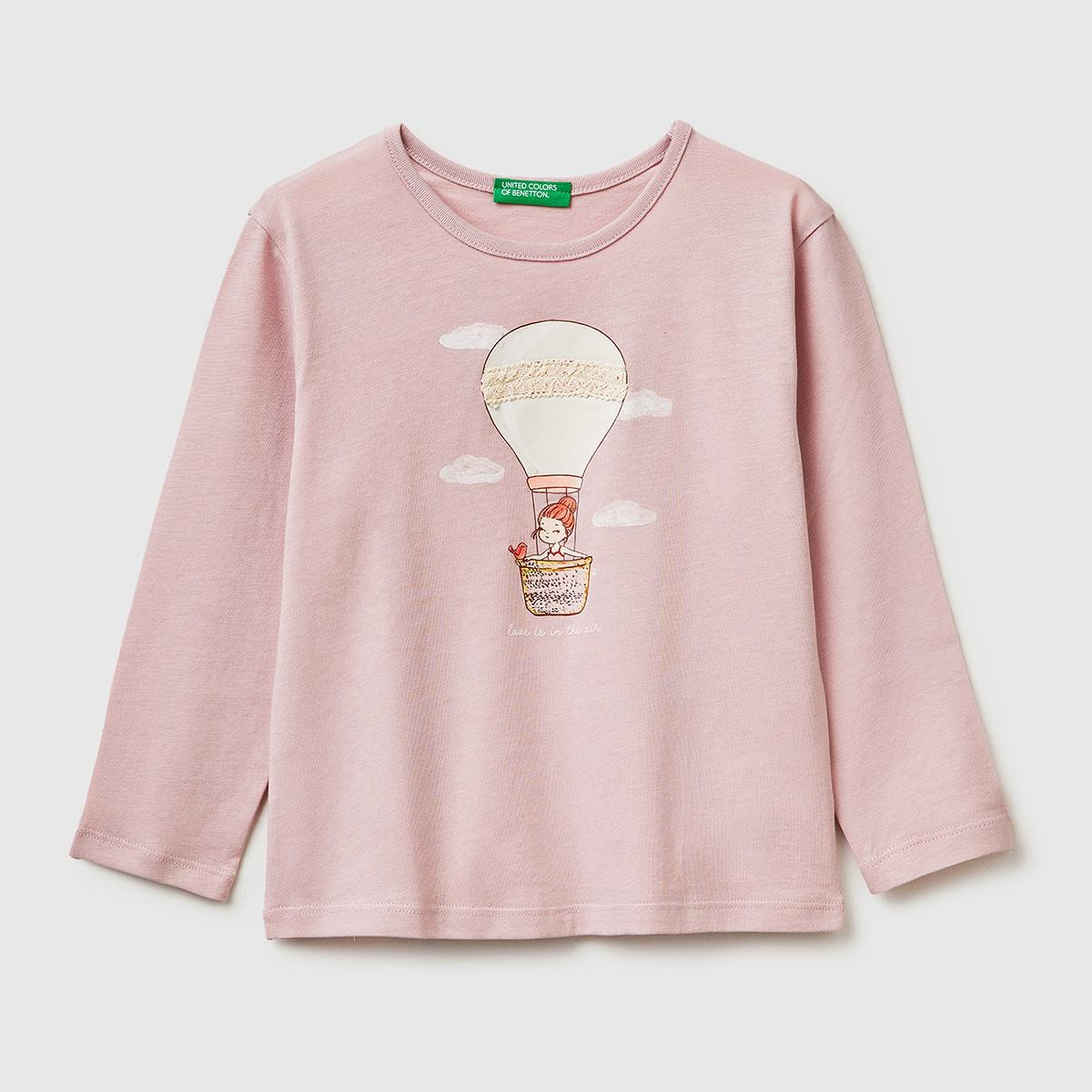 Kız Çocuk Gül Kurusu Baskılı Uzun Kollu Bisiklet Yaka T-Shirt