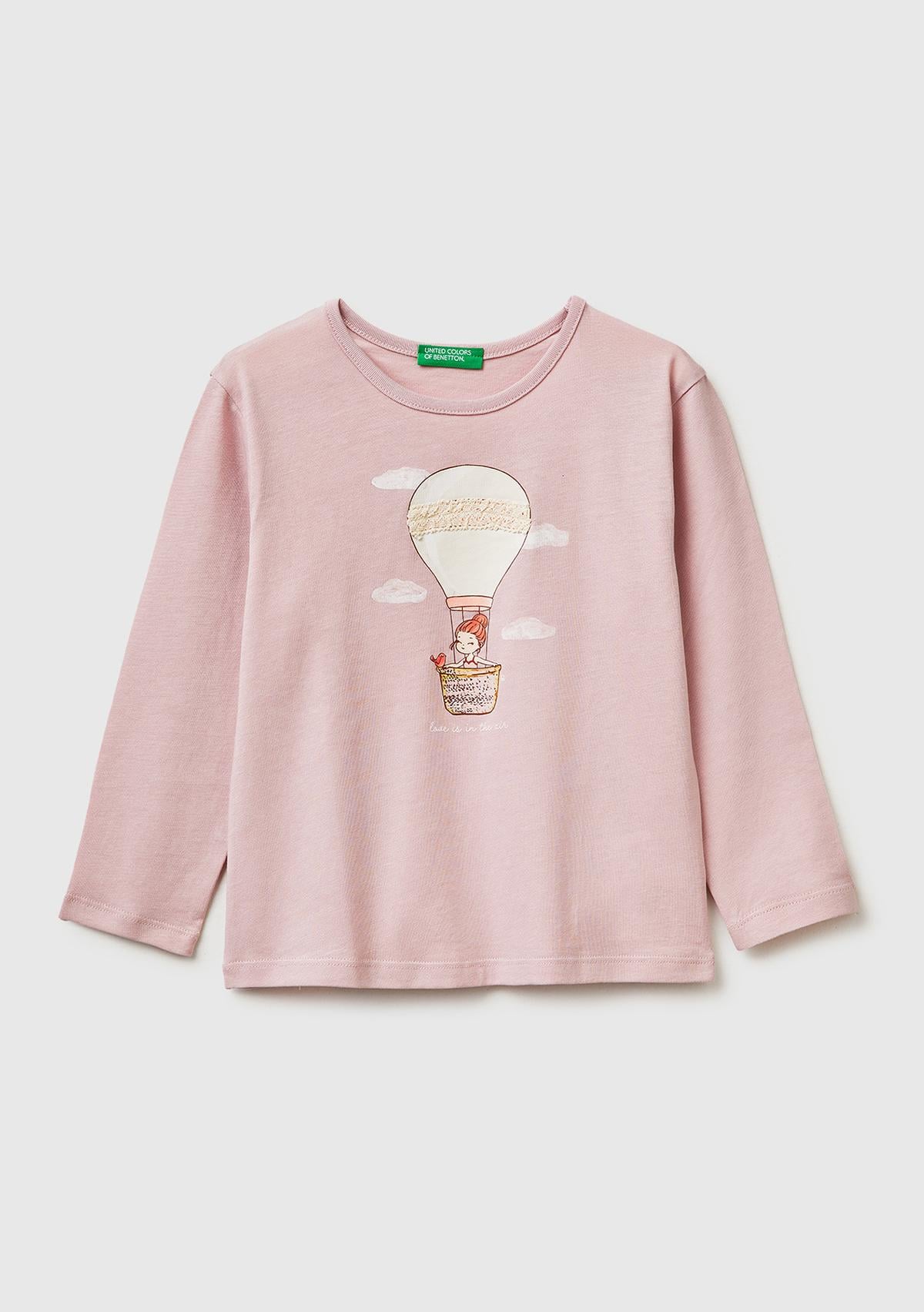 Kız Çocuk Gül Kurusu Baskılı Uzun Kollu Bisiklet Yaka T-Shirt