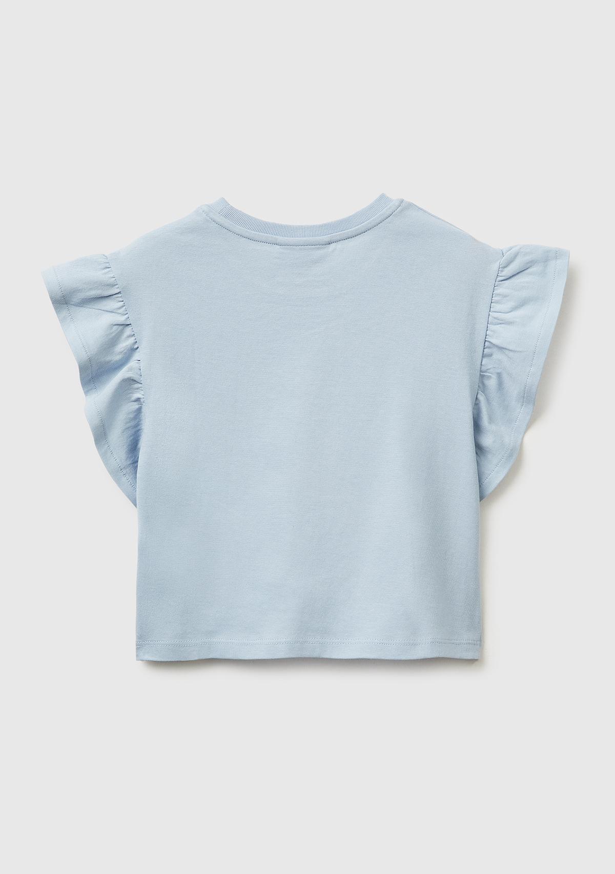 Kız Çocuk Buz Mavisi Simli Grafik Baskılı Etek Ucu Logo Etiketli Bisiklet Yaka T-Shirt