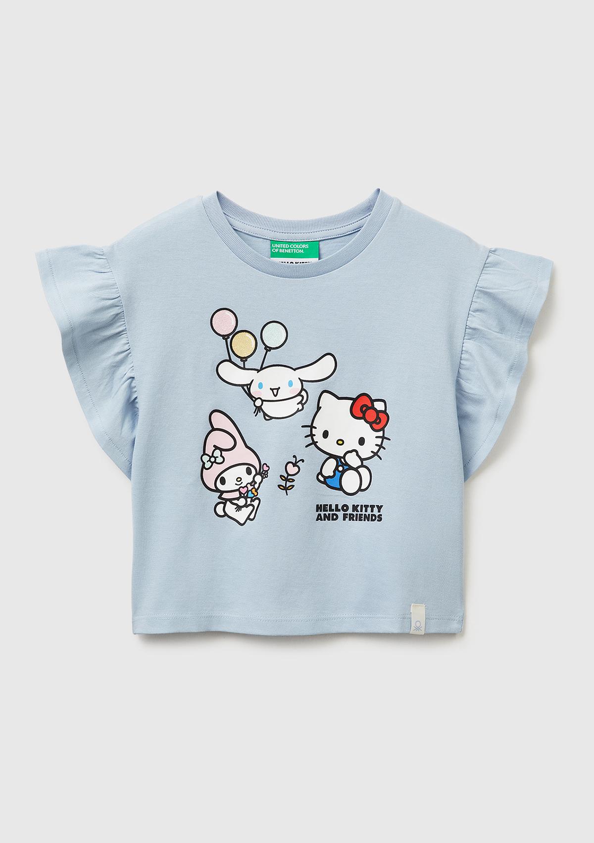 Kız Çocuk Buz Mavisi Simli Grafik Baskılı Etek Ucu Logo Etiketli Bisiklet Yaka T-Shirt