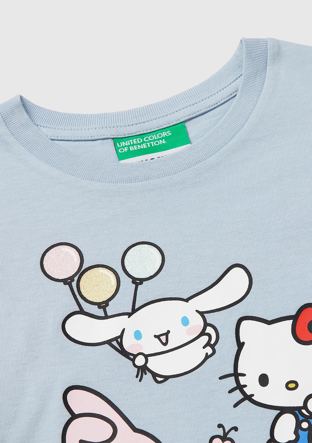Kız Çocuk Buz Mavisi Simli Grafik Baskılı Etek Ucu Logo Etiketli Bisiklet Yaka T-Shirt