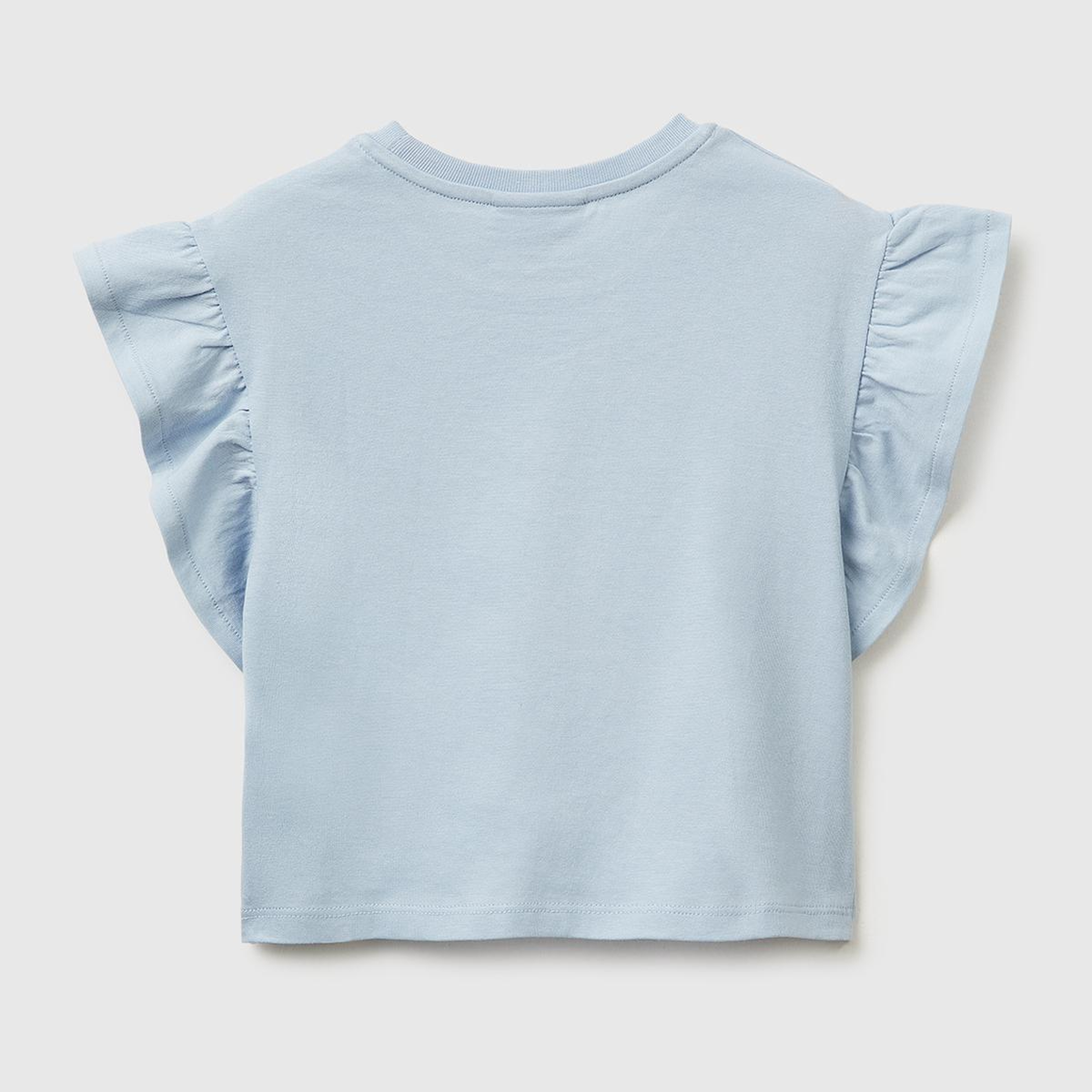 Kız Çocuk Buz Mavisi Simli Grafik Baskılı Etek Ucu Logo Etiketli Bisiklet Yaka T-Shirt