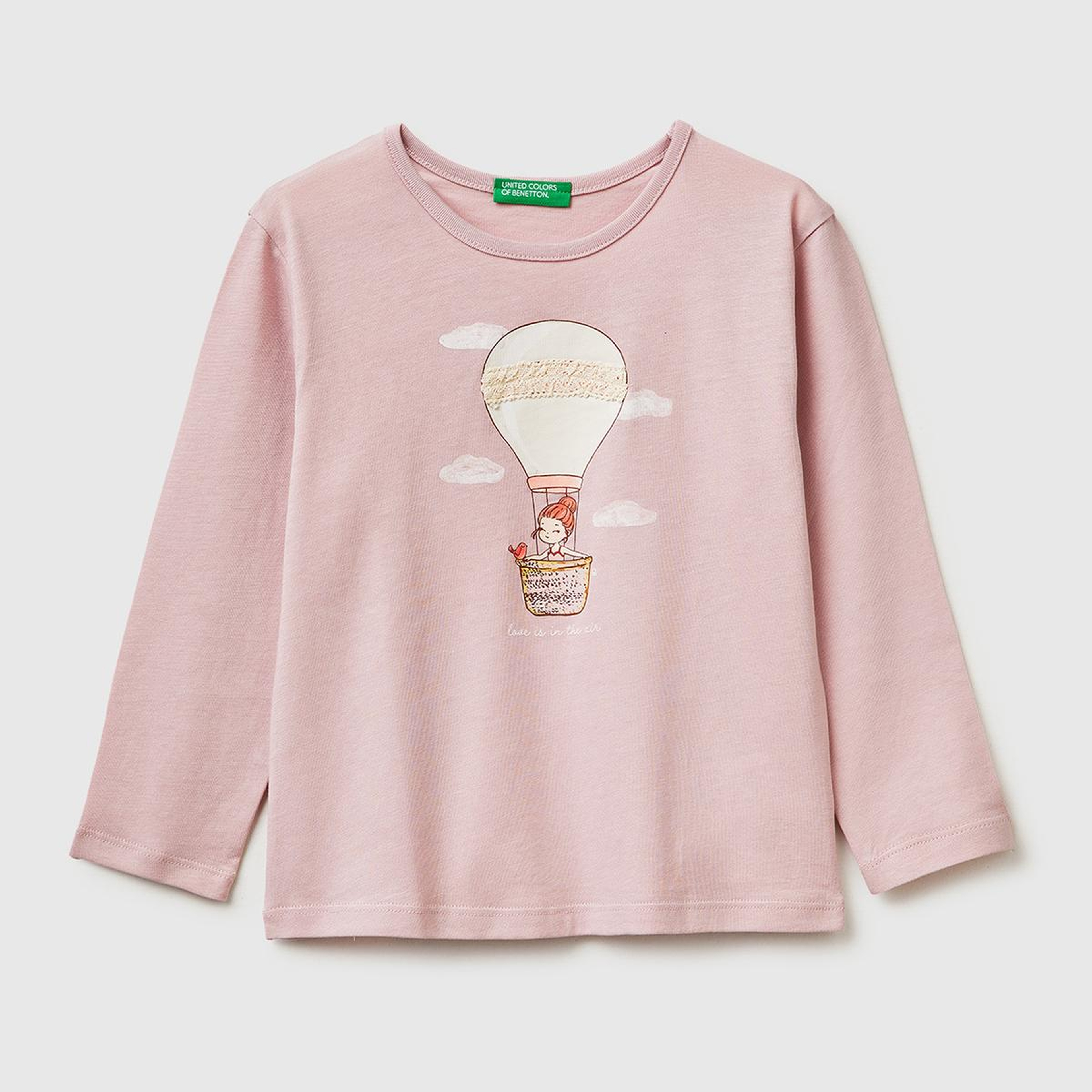 Kız Çocuk Gül Kurusu Baskılı Uzun Kollu Bisiklet Yaka T-Shirt