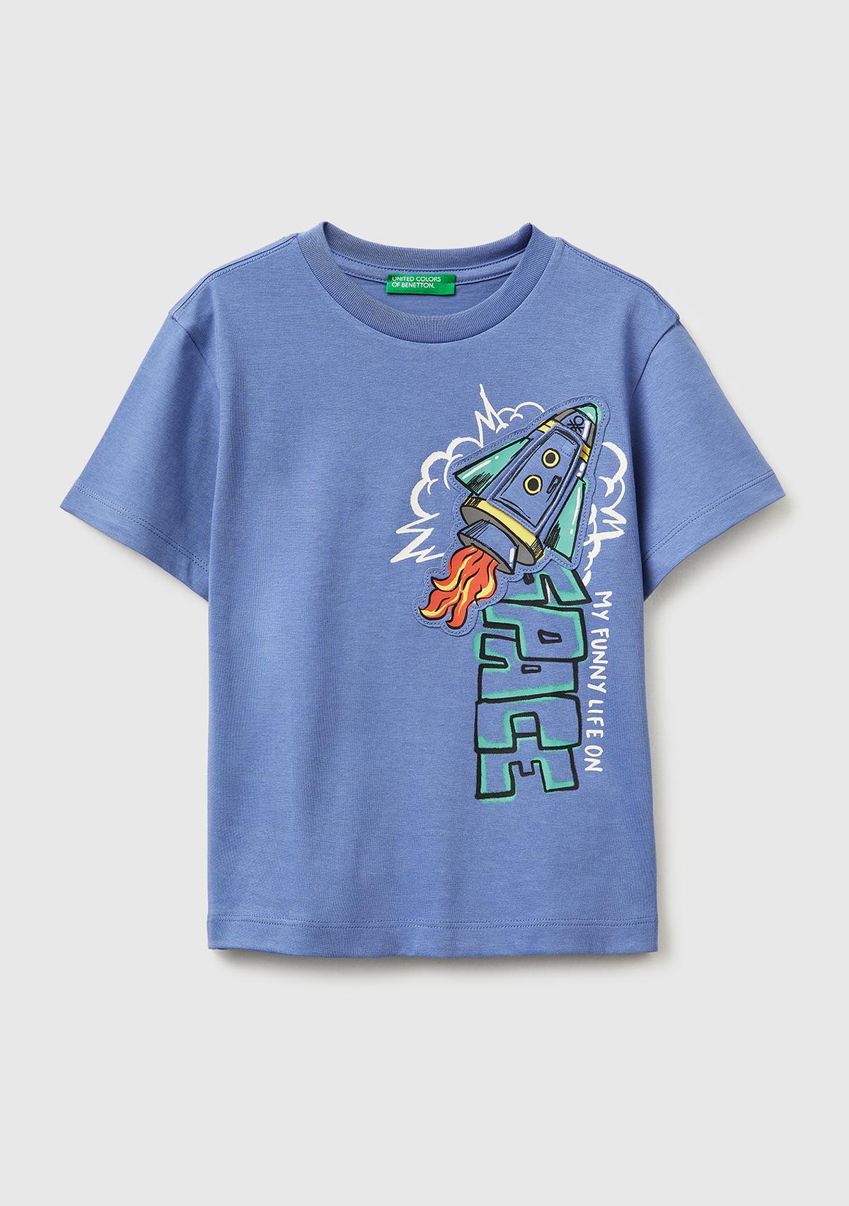 Erkek Çocuk Havacı Mavi Baskılı Logo Etiketli Bisiklet Yaka Kısa Kollu T-Shirt