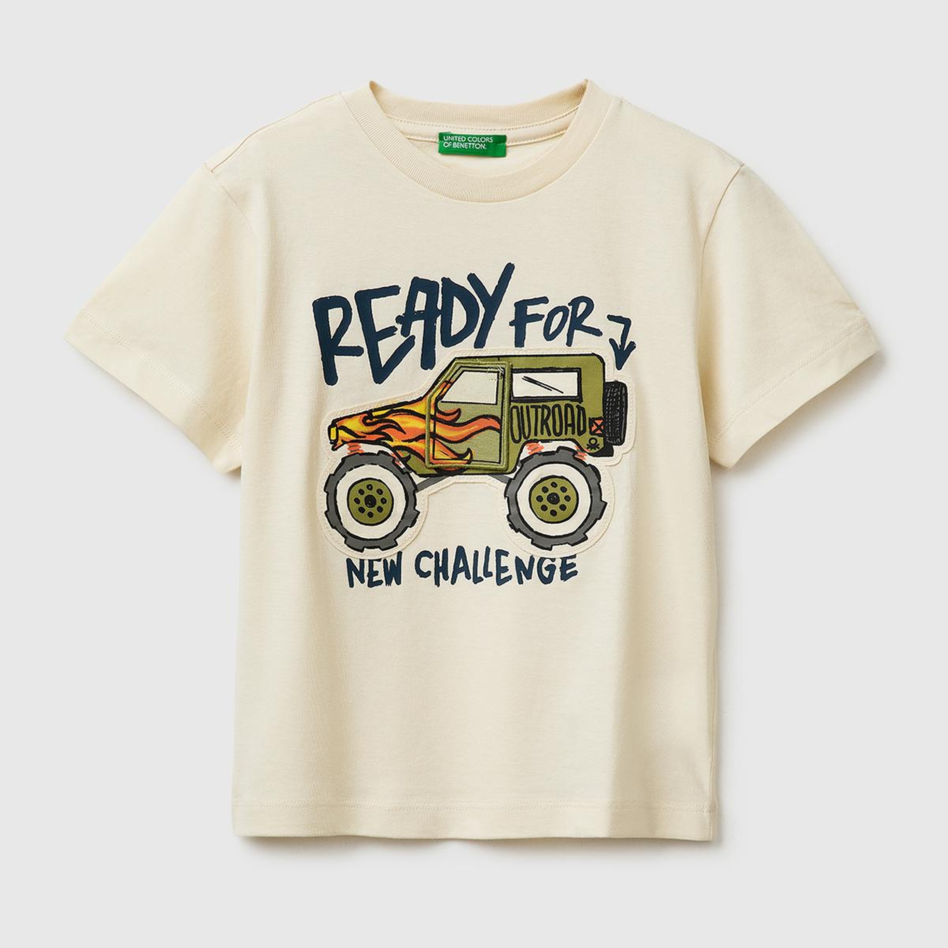 Erkek Çocuk Krem Baskılı Logo Etiketli Bisiklet Yaka Kısa Kollu T-Shirt