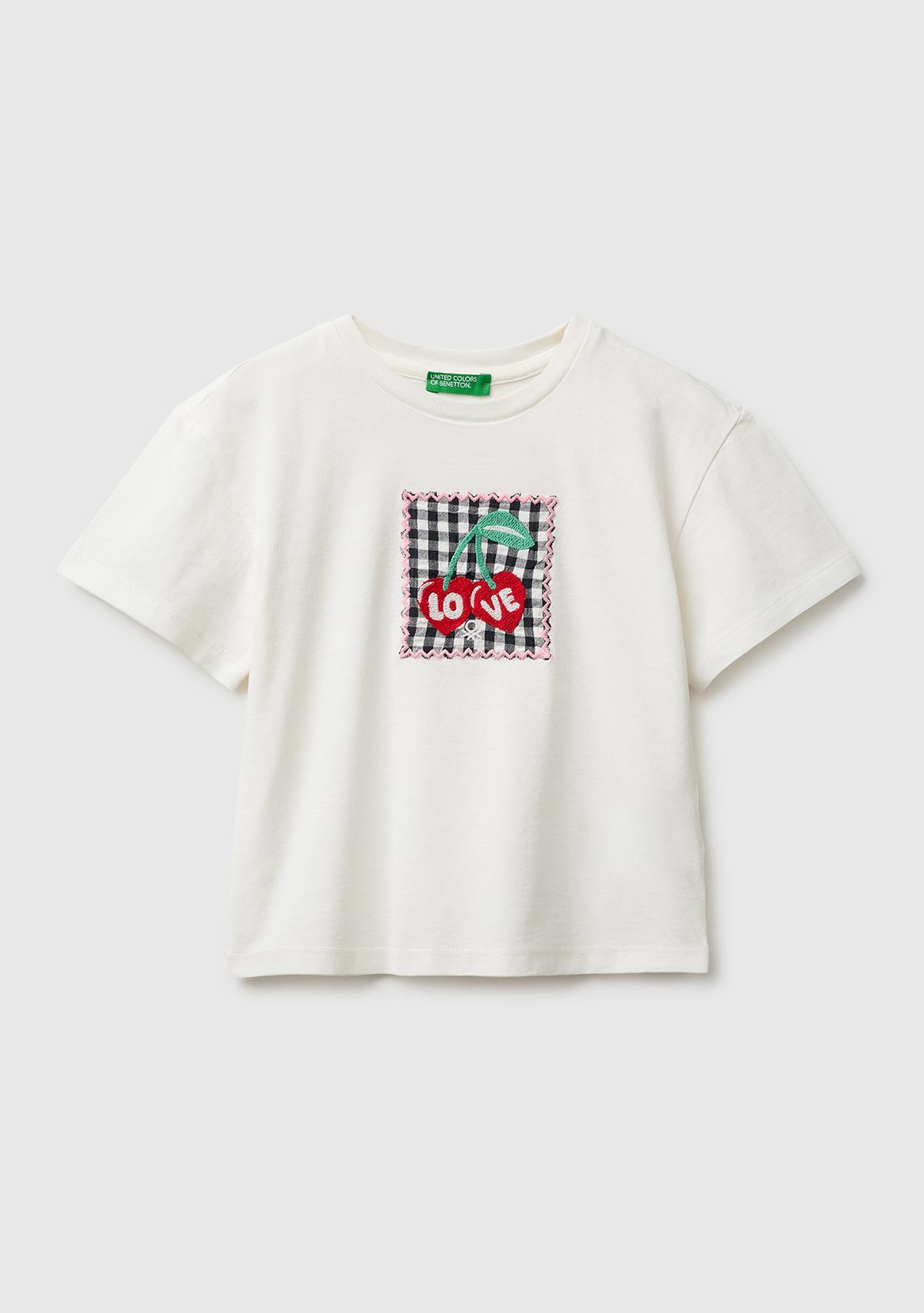 Kız Çocuk Beyaz Aplike İşlemeli Kısa Kollu Bisiklet Yaka T-Shirt