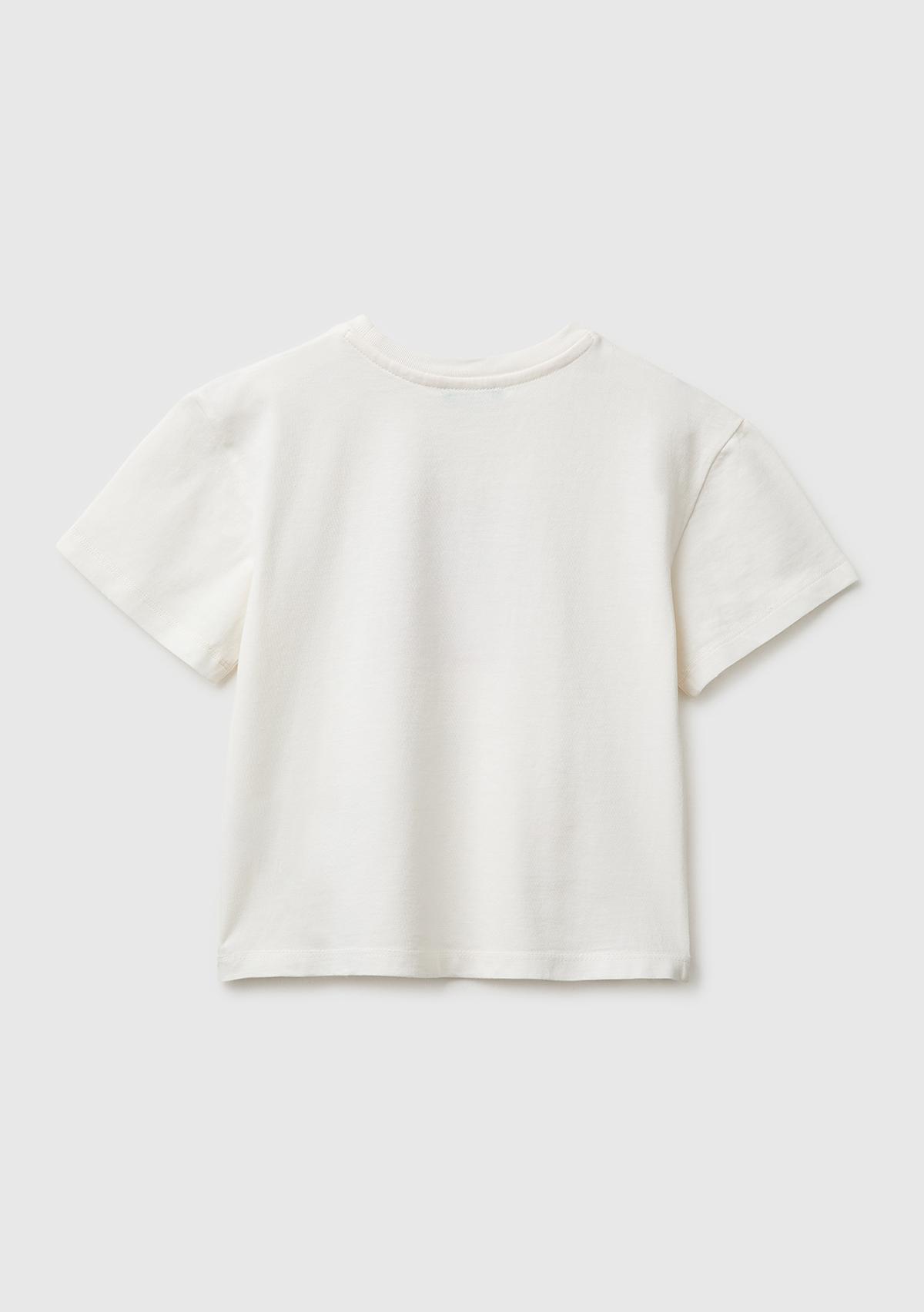 Kız Çocuk Beyaz Aplike İşlemeli Kısa Kollu Bisiklet Yaka T-Shirt