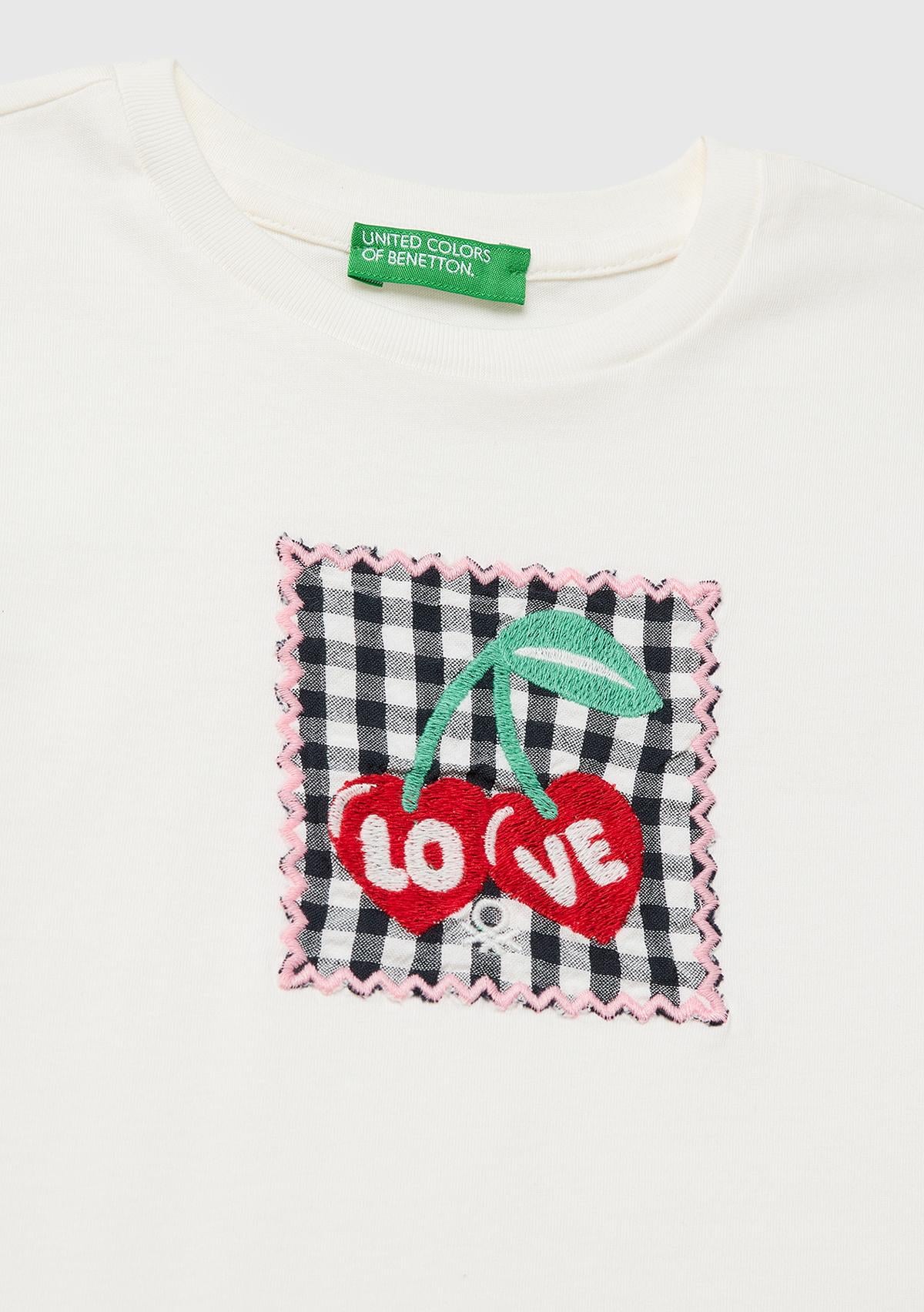 Kız Çocuk Beyaz Aplike İşlemeli Kısa Kollu Bisiklet Yaka T-Shirt
