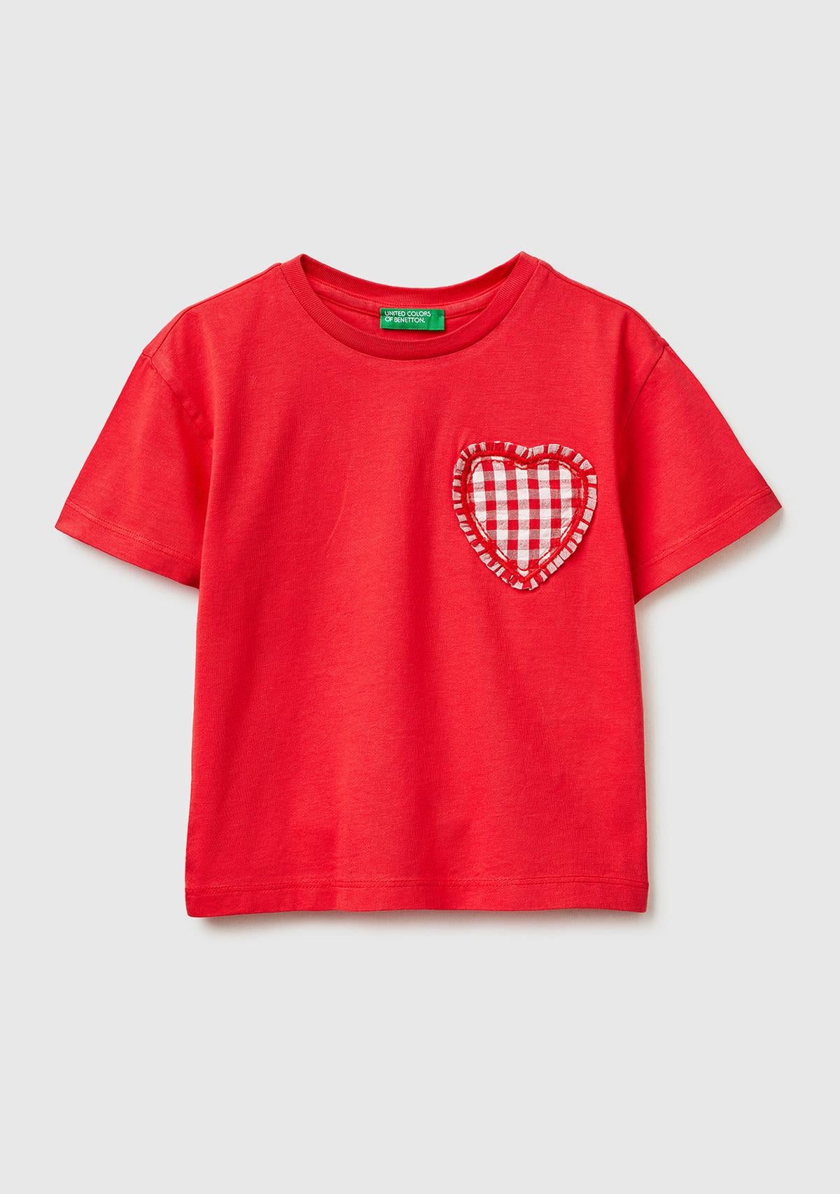 Kız Çocuk Kırmızı Aplike İşlemeli Kısa Kollu Bisiklet Yaka T-Shirt