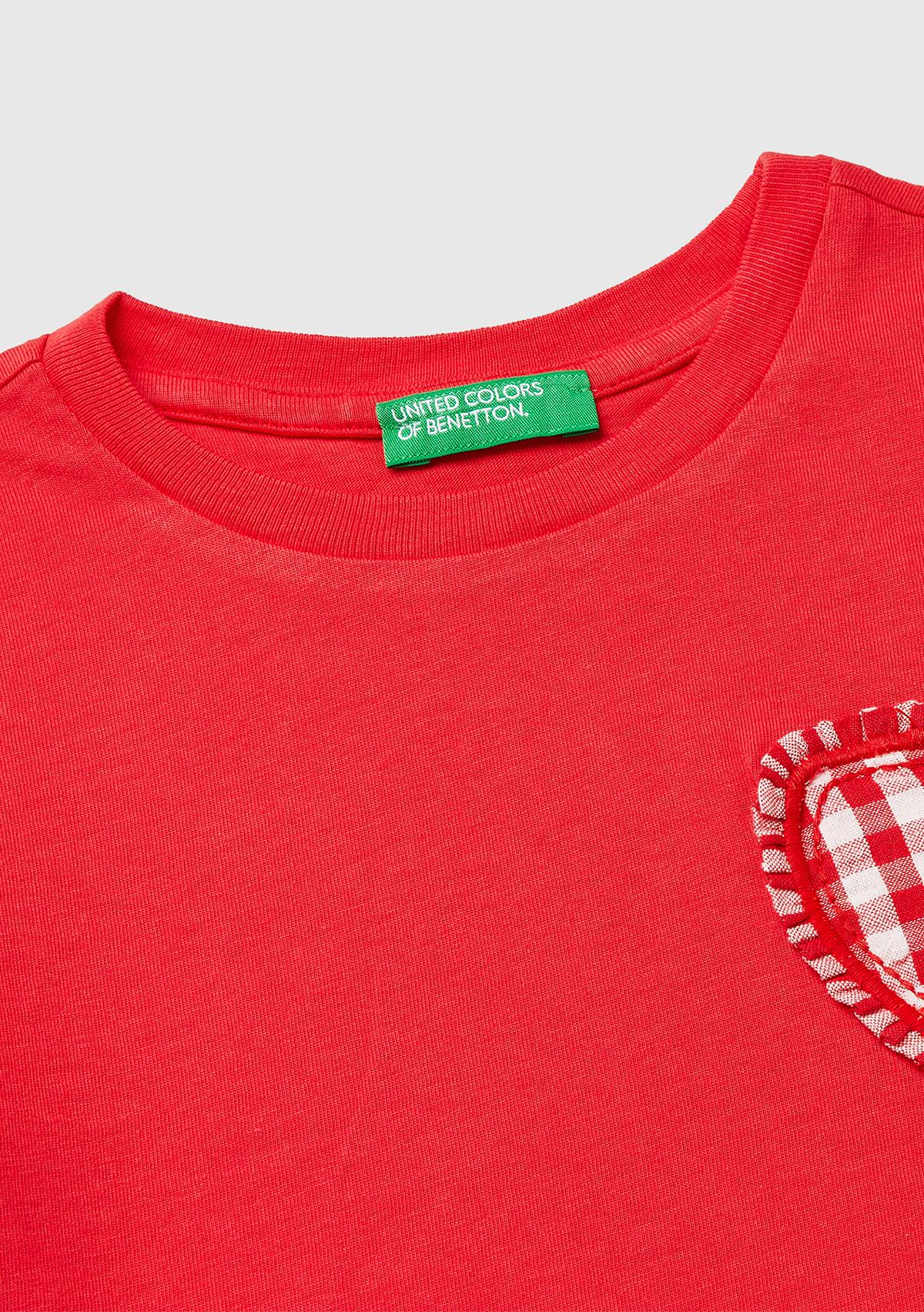 Kız Çocuk Kırmızı Aplike İşlemeli Kısa Kollu Bisiklet Yaka T-Shirt