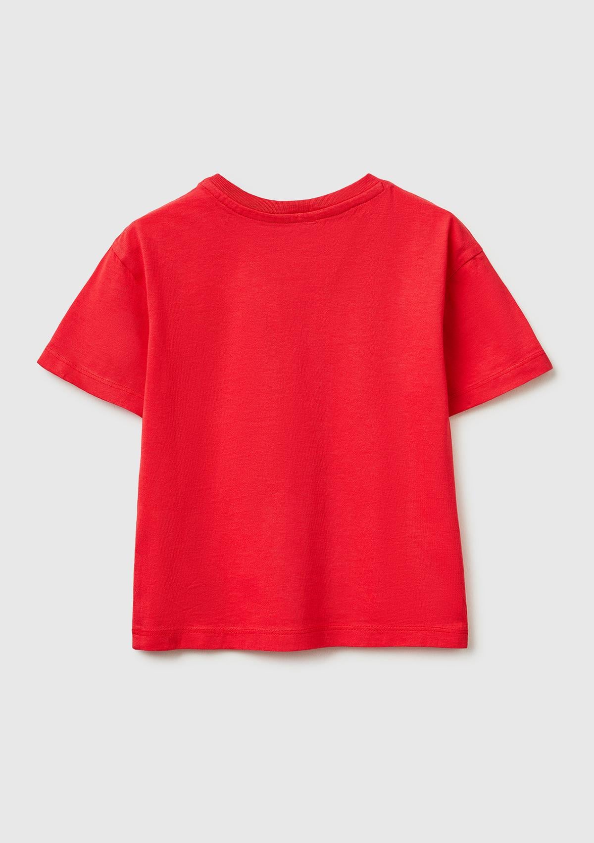 Kız Çocuk Kırmızı Aplike İşlemeli Kısa Kollu Bisiklet Yaka T-Shirt
