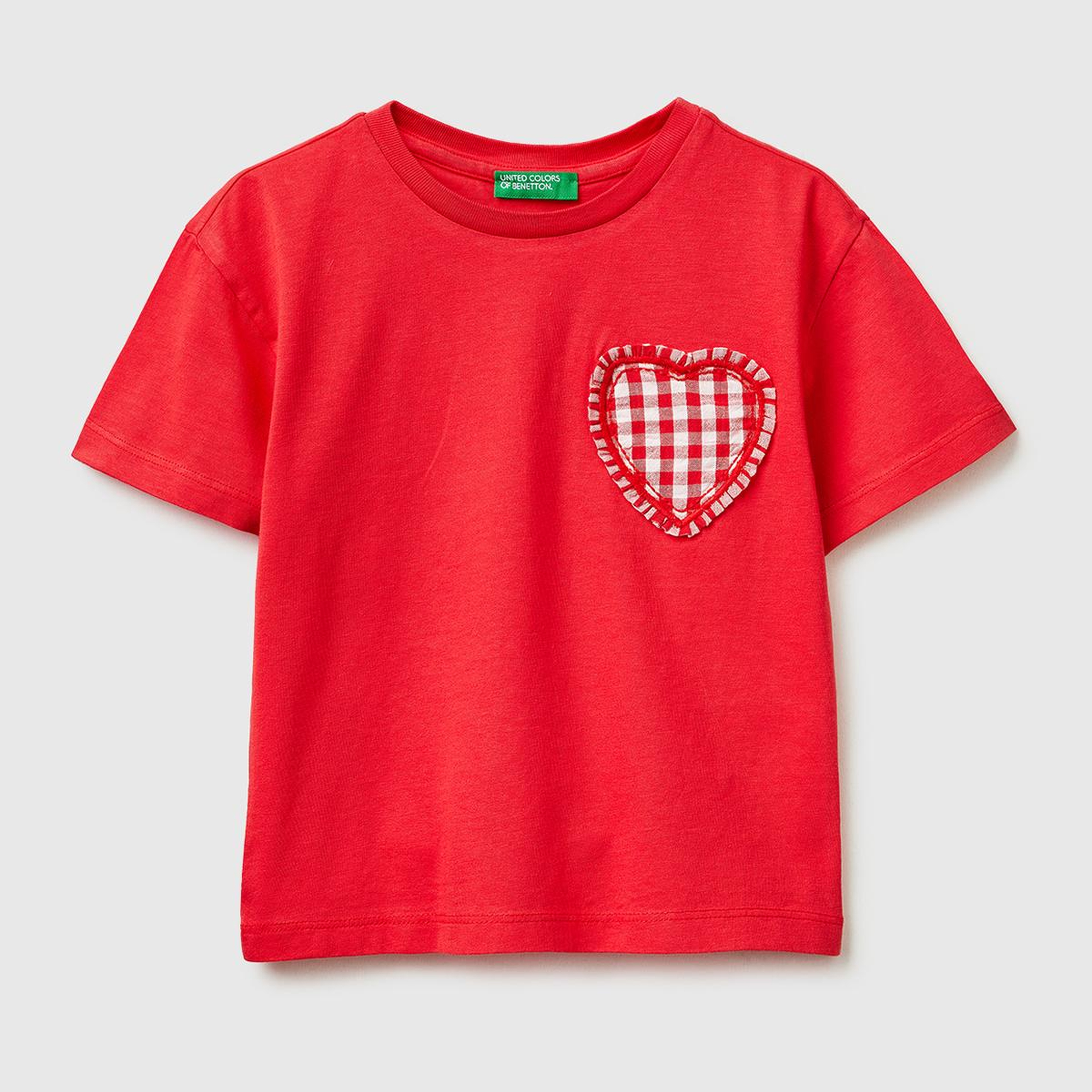 Kız Çocuk Kırmızı Aplike İşlemeli Kısa Kollu Bisiklet Yaka T-Shirt
