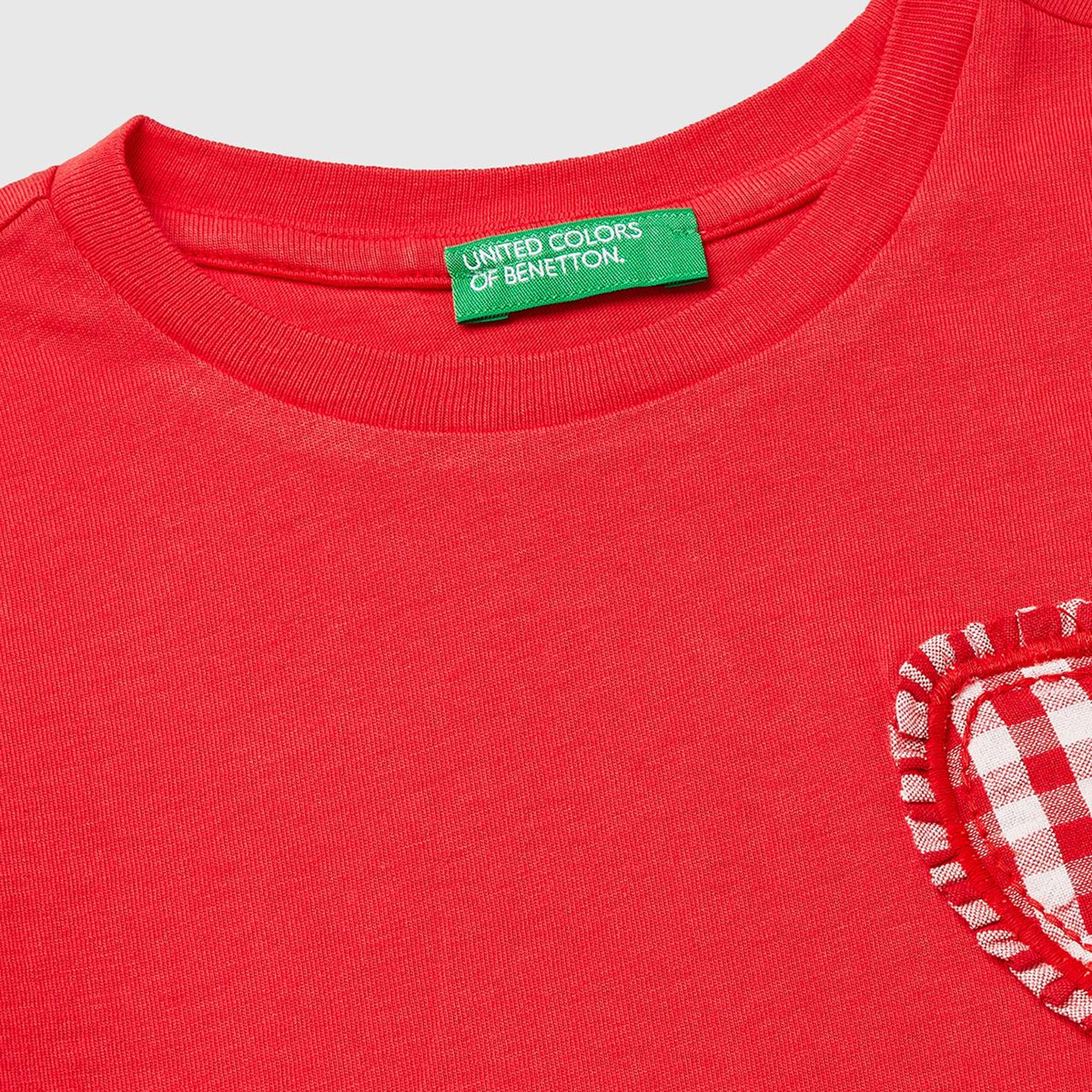 Kız Çocuk Kırmızı Aplike İşlemeli Kısa Kollu Bisiklet Yaka T-Shirt