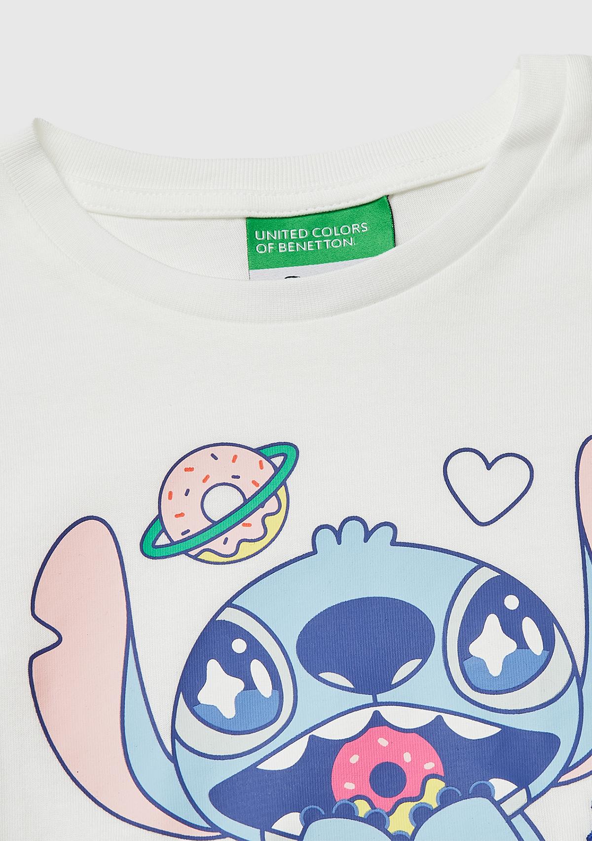 Kız Çocuk Beyaz Baskılı Yama Detaylı Etek Ucu Logo Detaylı T-Shirt