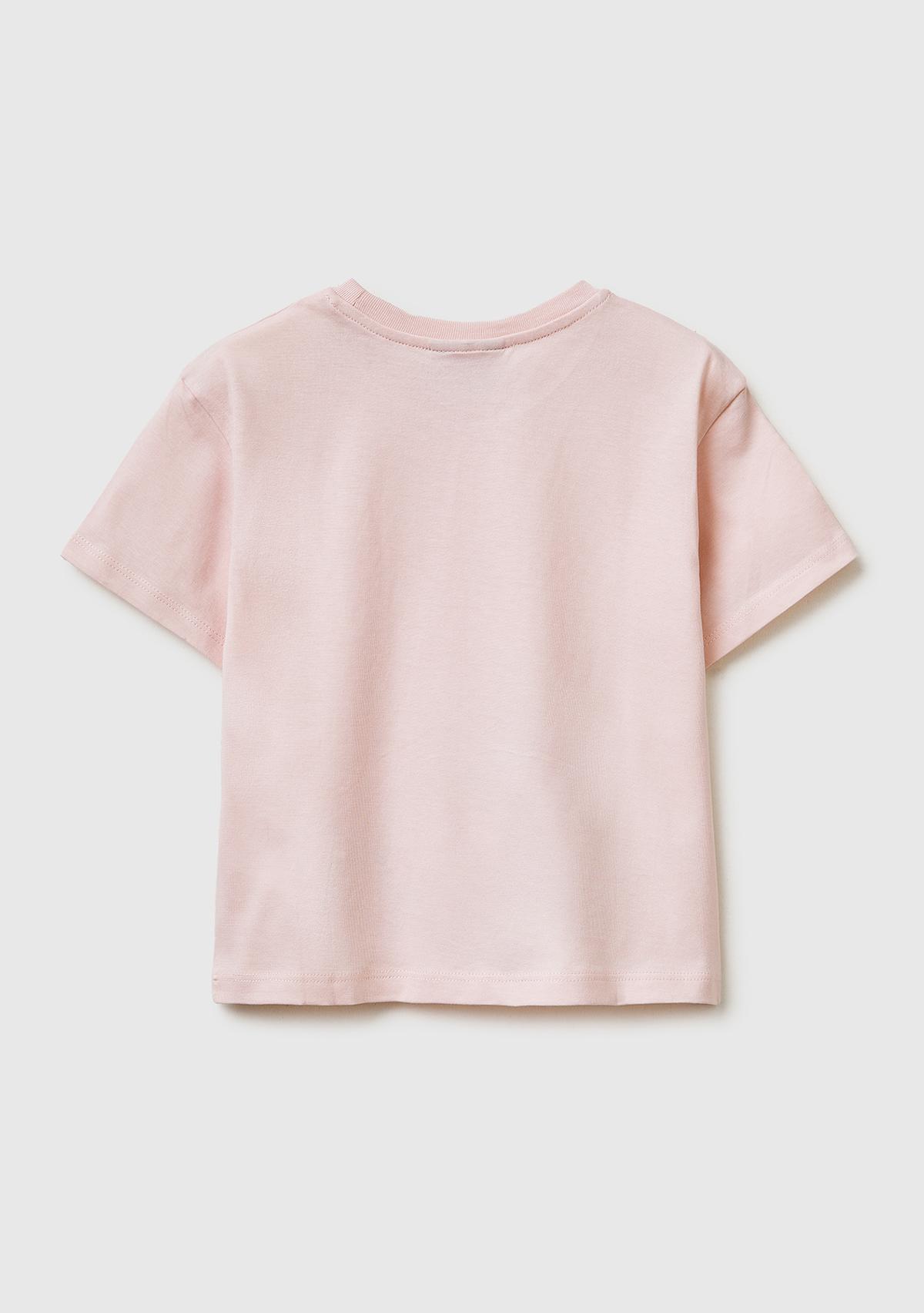 Kız Çocuk Toz Pembe Baskılı Yama Detaylı Etek Ucu Logo Detaylı T-Shirt