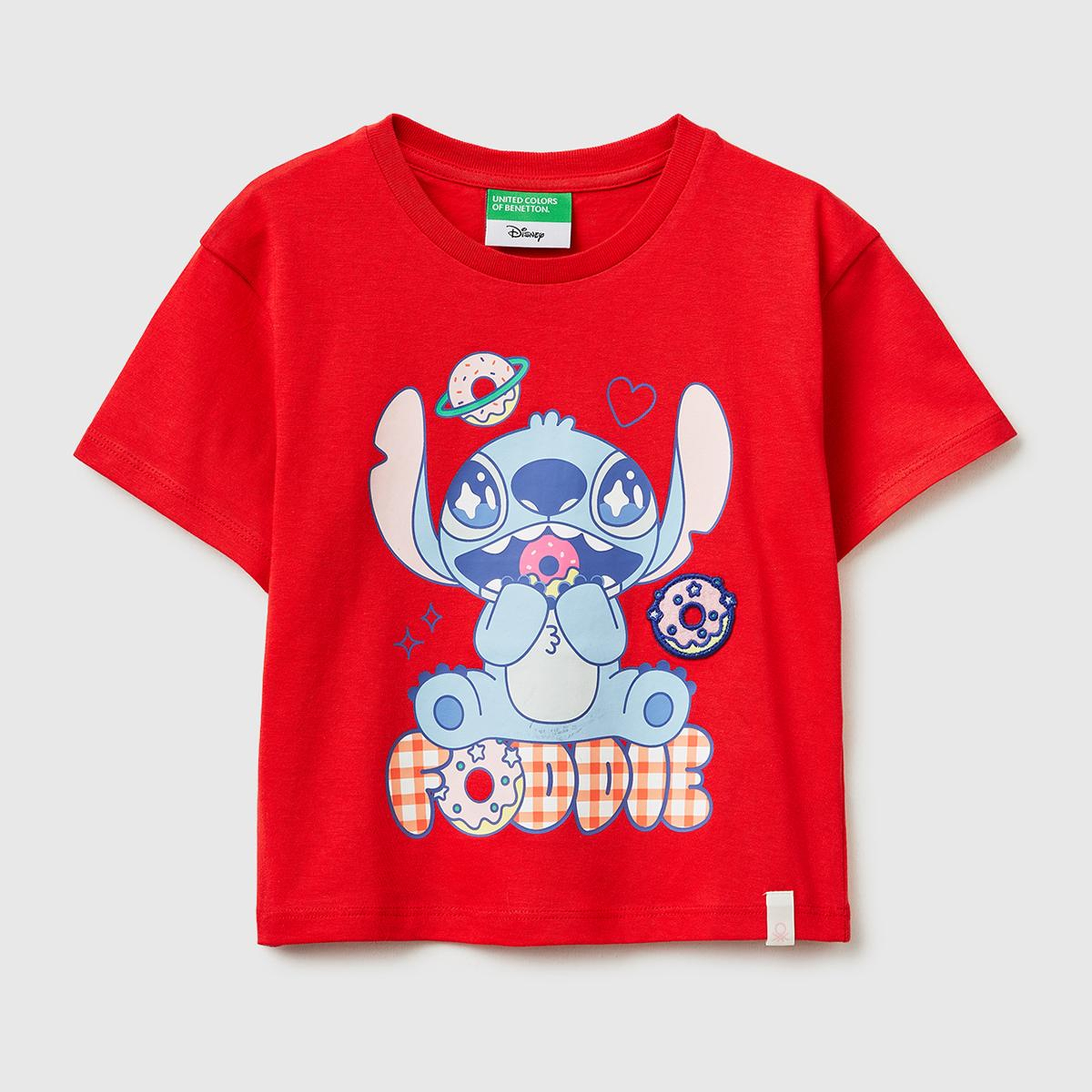 Kız Çocuk Kırmızı Baskılı Yama Detaylı Etek Ucu Logo Detaylı T-Shirt