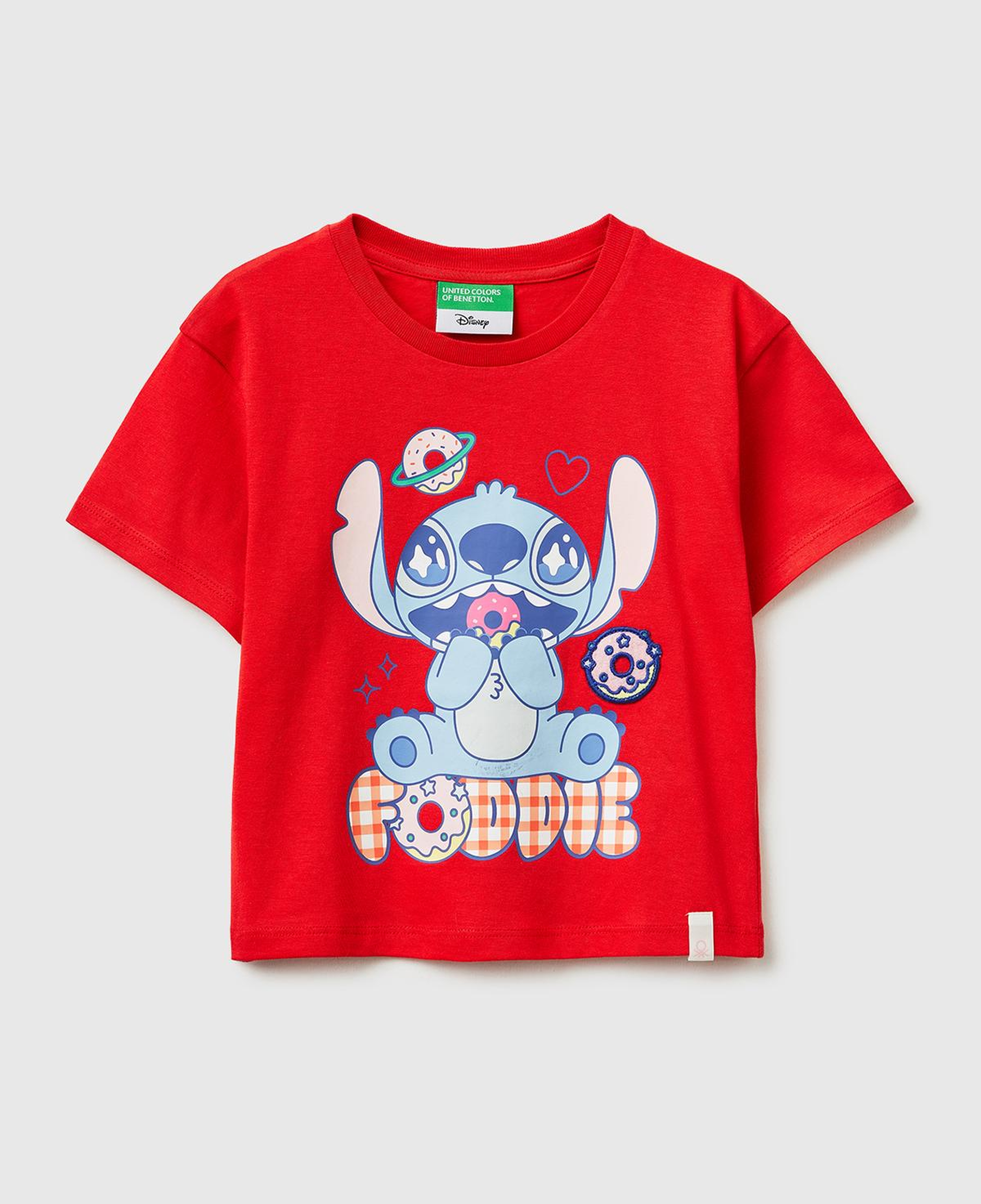 Kız Çocuk Kırmızı Baskılı Yama Detaylı Etek Ucu Logo Detaylı T-Shirt