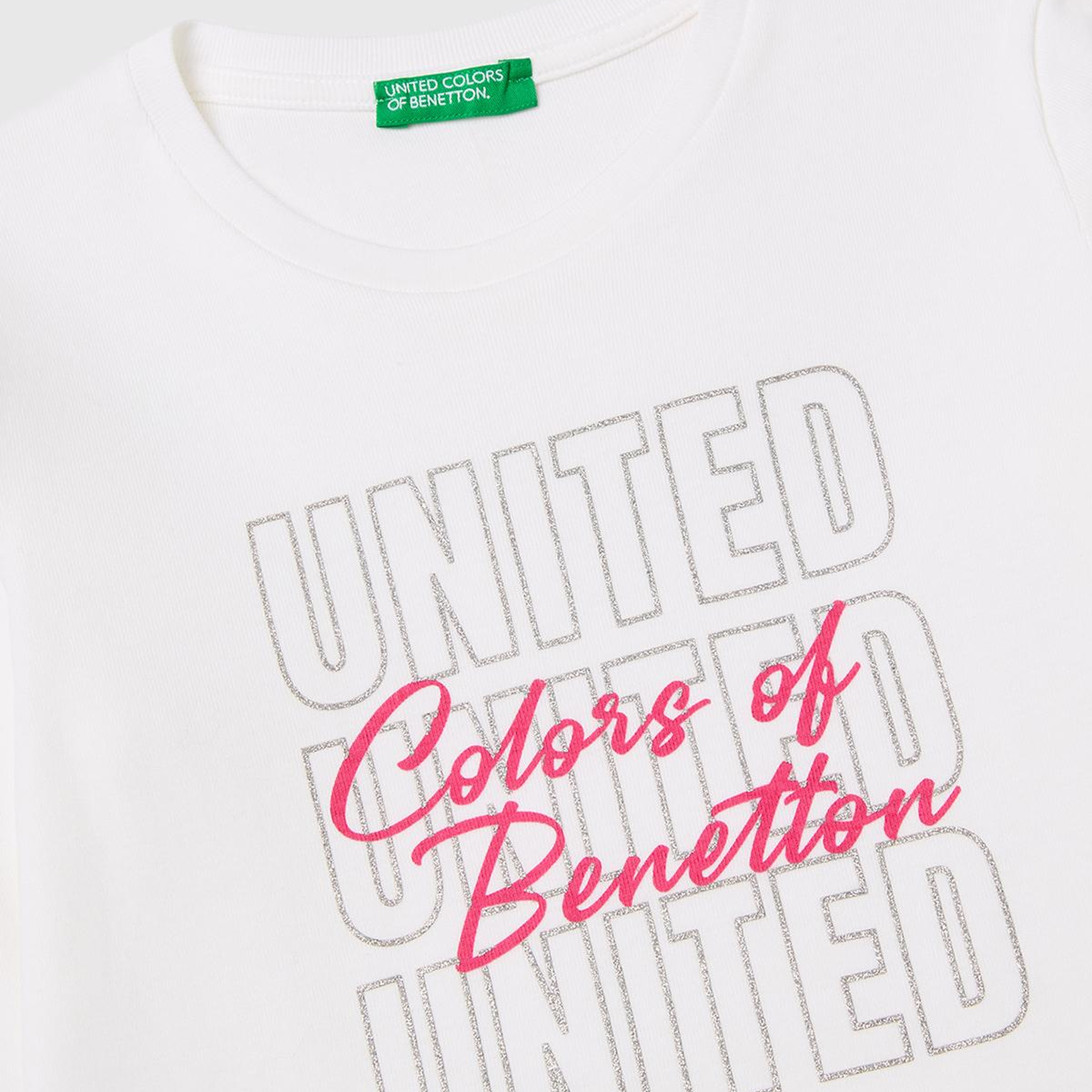 Kız Çocuk Beyaz Simli Logo Detaylı Bisiklet Yaka Uzun Kollu T-Shirt