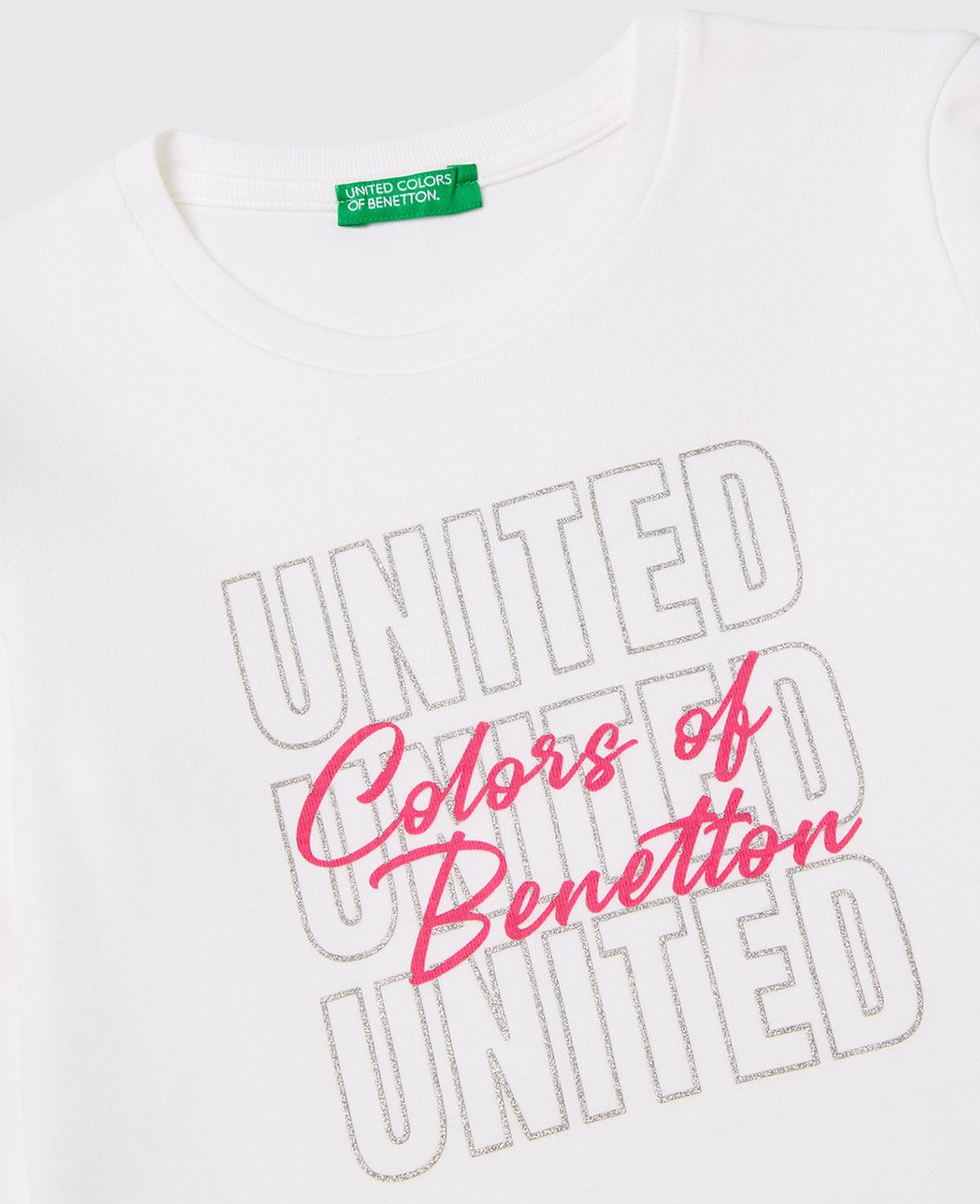 Kız Çocuk Beyaz Simli Logo Detaylı Bisiklet Yaka Uzun Kollu T-Shirt