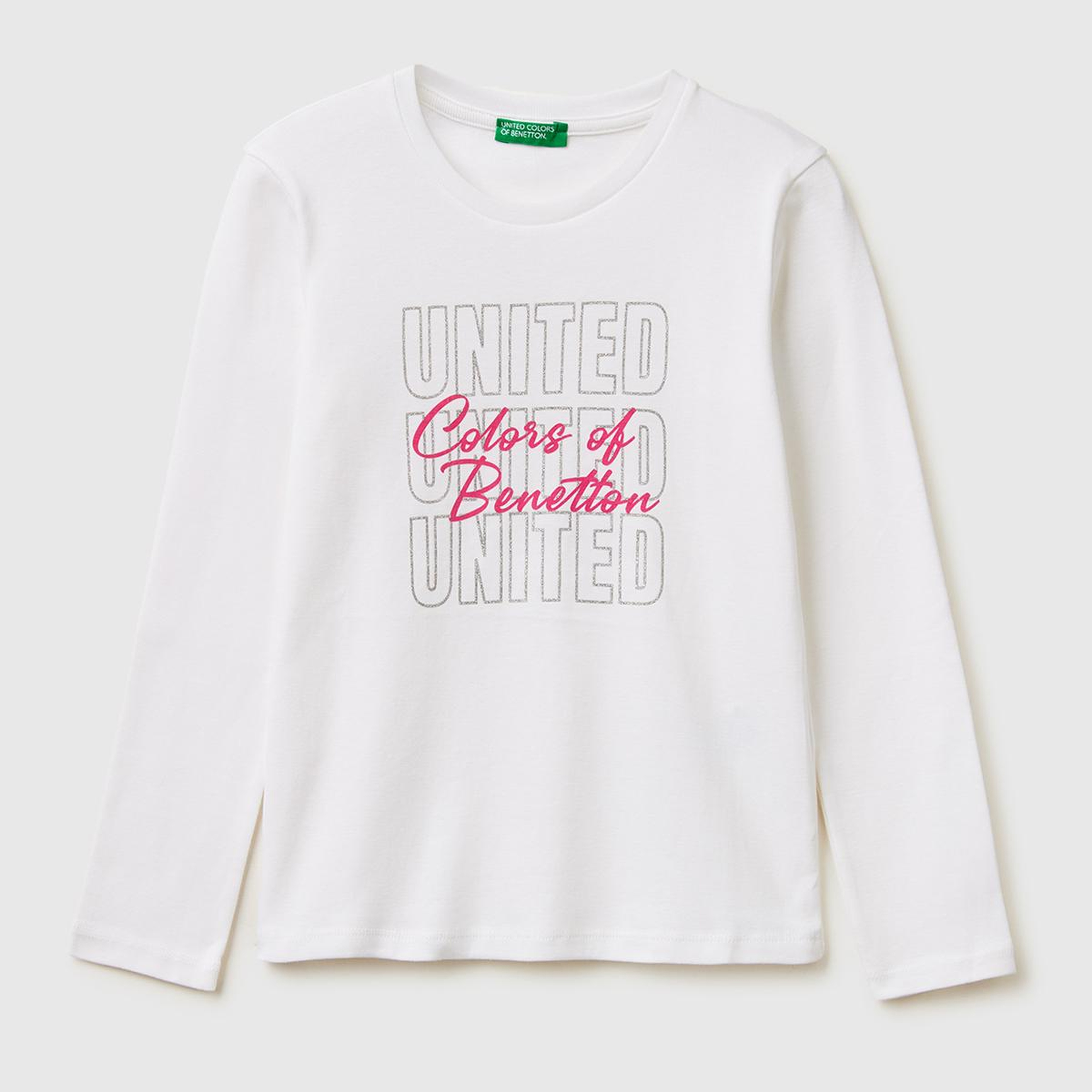 Kız Çocuk Beyaz Simli Logo Detaylı Bisiklet Yaka Uzun Kollu T-Shirt