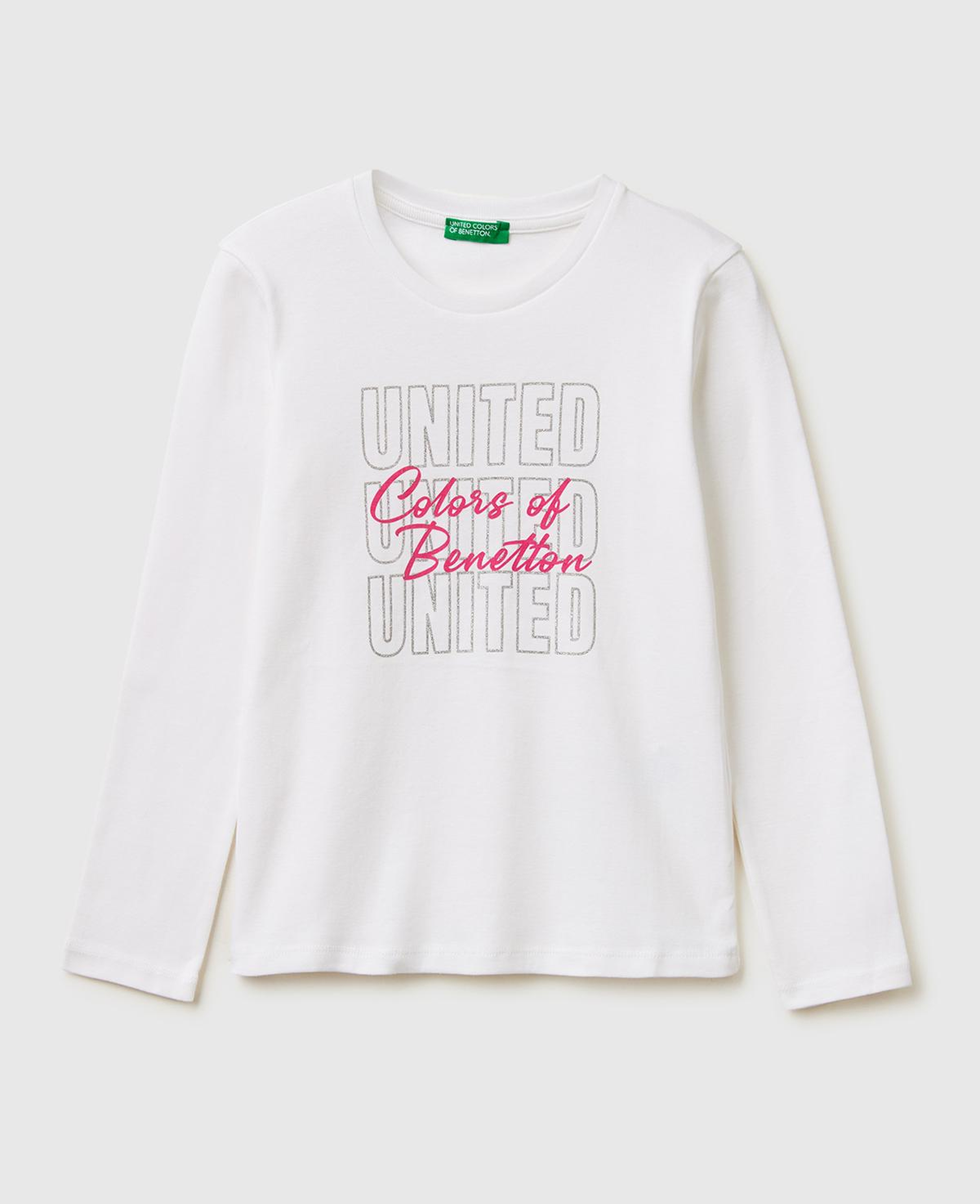 Kız Çocuk Beyaz Simli Logo Detaylı Bisiklet Yaka Uzun Kollu T-Shirt