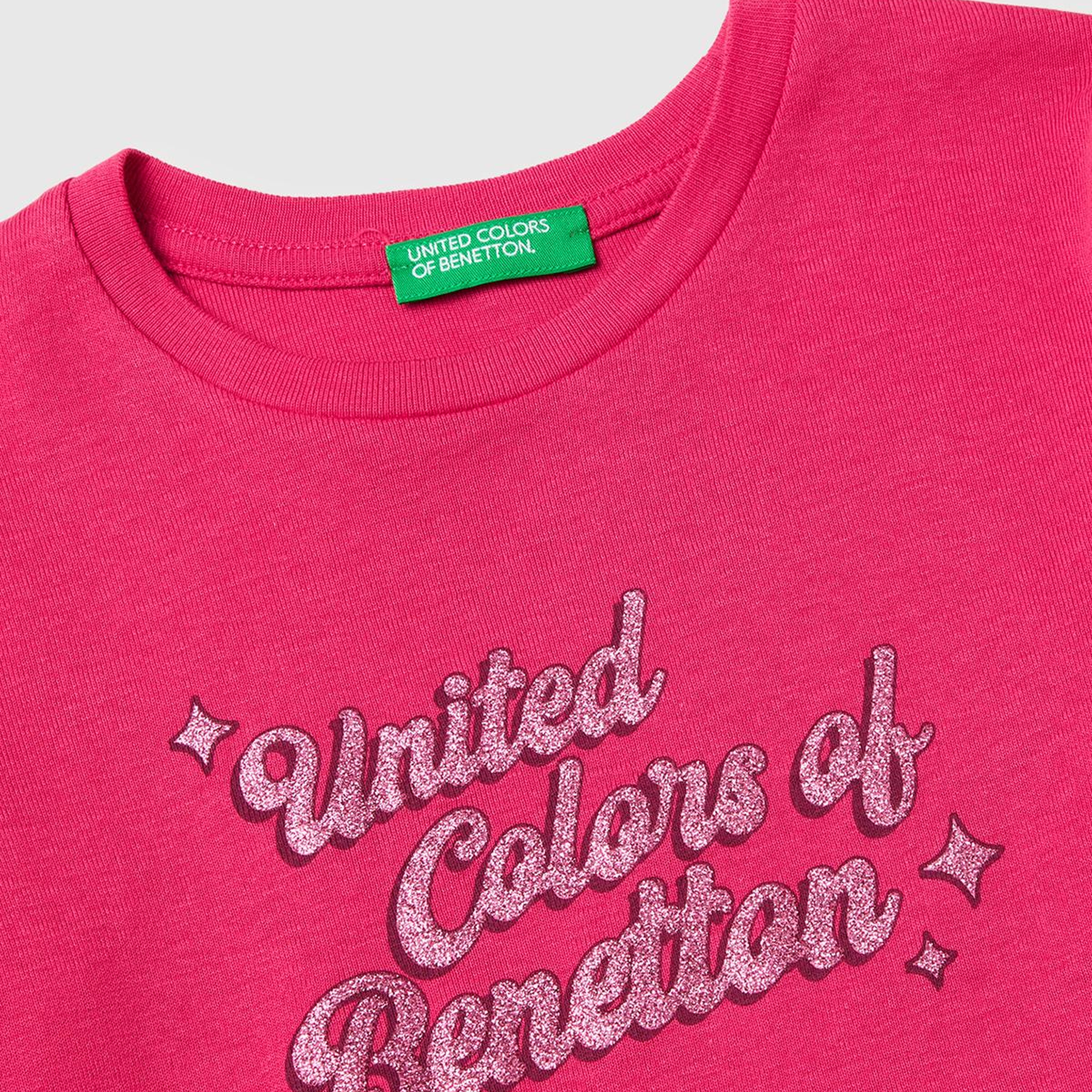 Kız Çocuk Koyu Pembe Simli Logo Detaylı Bisiklet Yaka Uzun Kollu T-Shirt