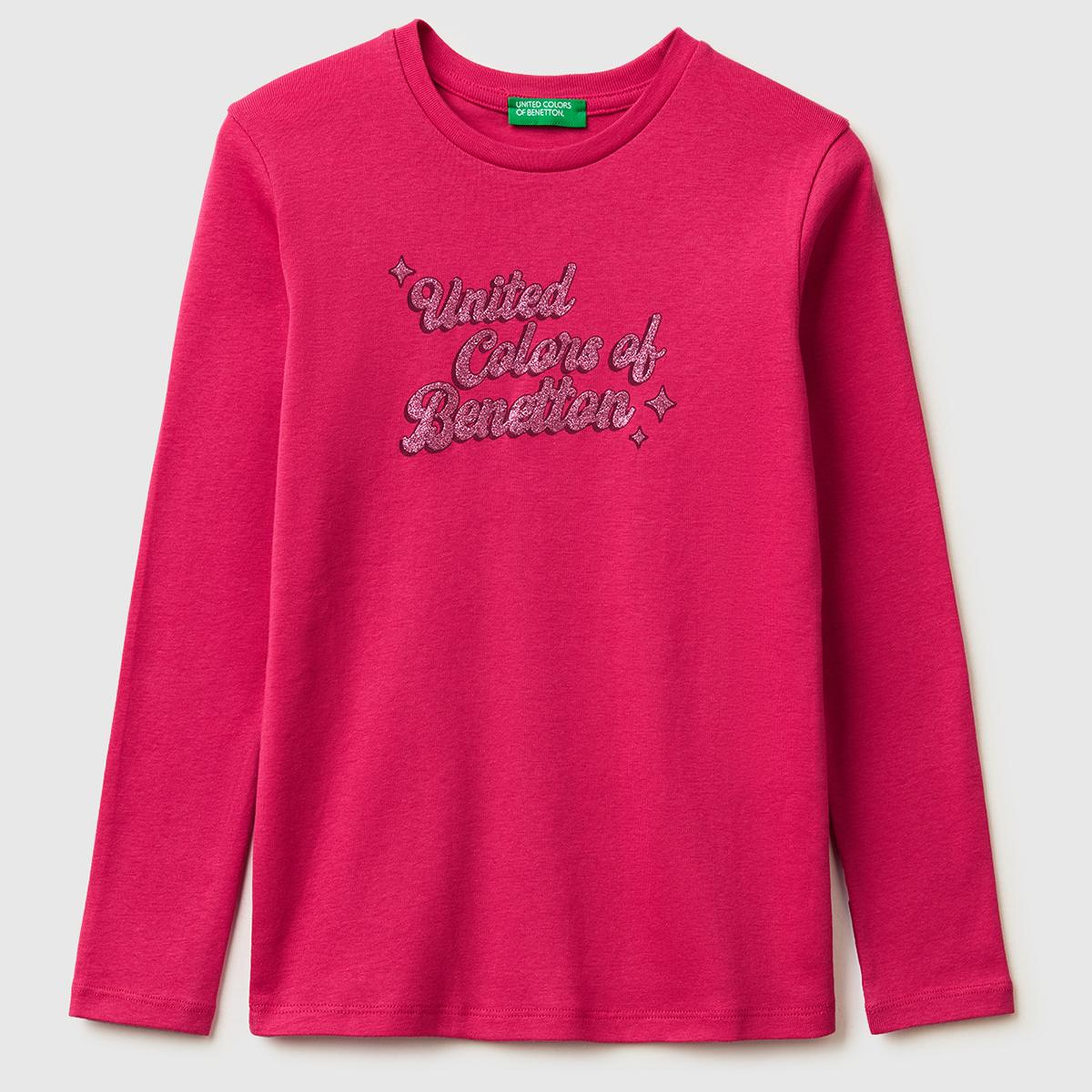 Kız Çocuk Koyu Pembe Simli Logo Detaylı Bisiklet Yaka Uzun Kollu T-Shirt