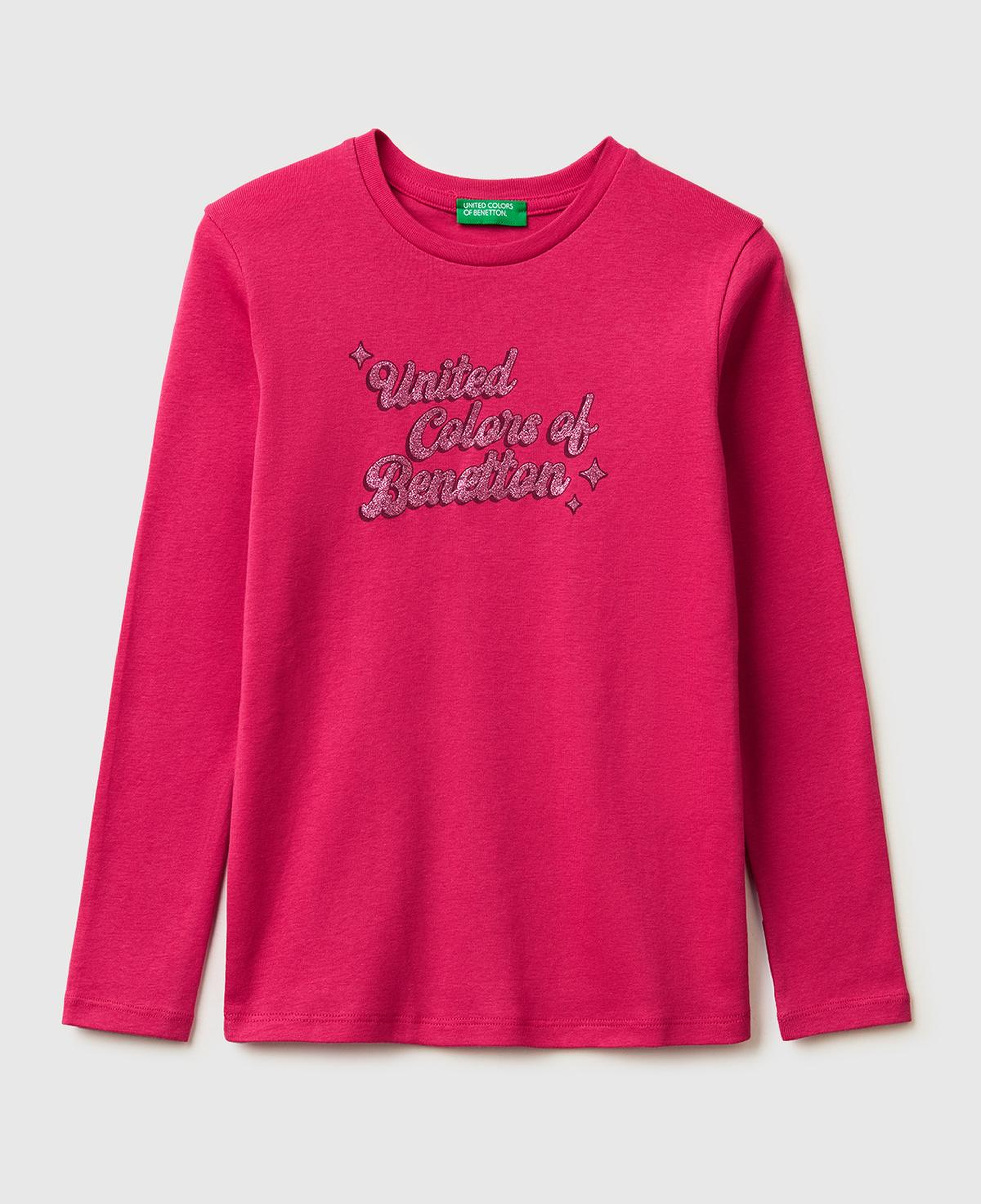 Kız Çocuk Koyu Pembe Simli Logo Detaylı Bisiklet Yaka Uzun Kollu T-Shirt